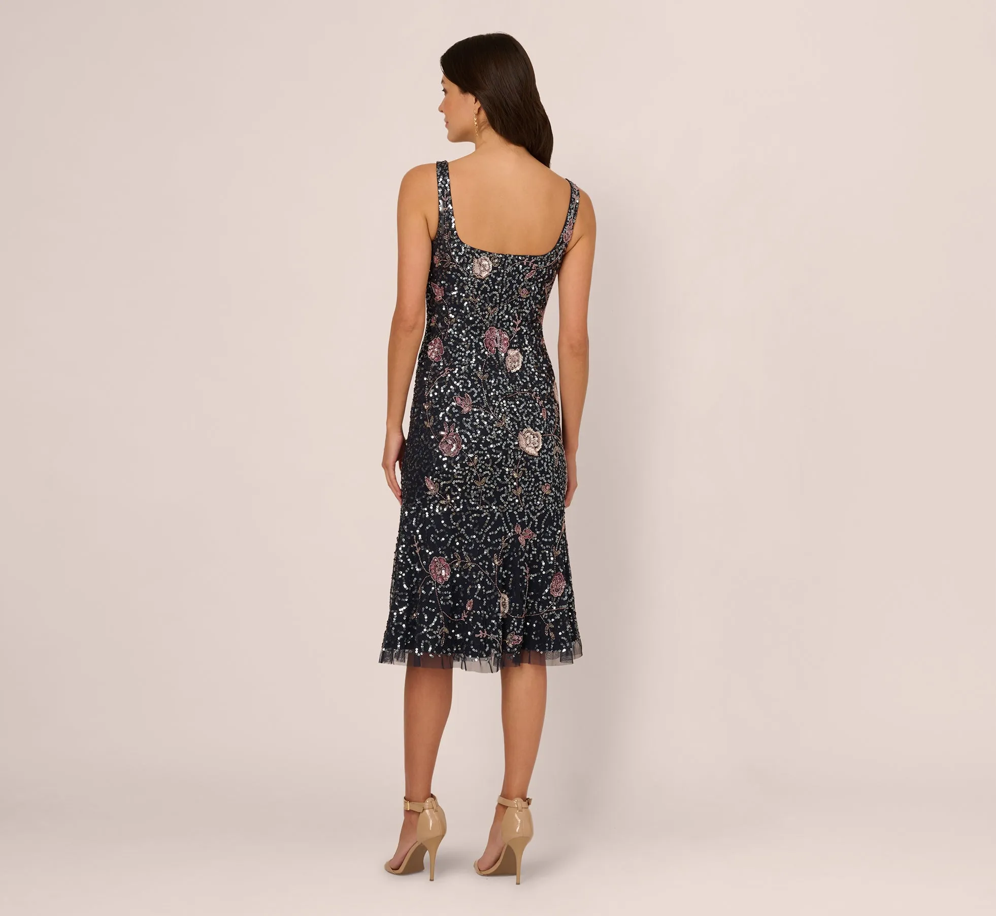 Sleeveless Sequin Floral Beaded Midi Dress In Navy Pink Multi sold by Adrianna Papell product image thumbnail 5
