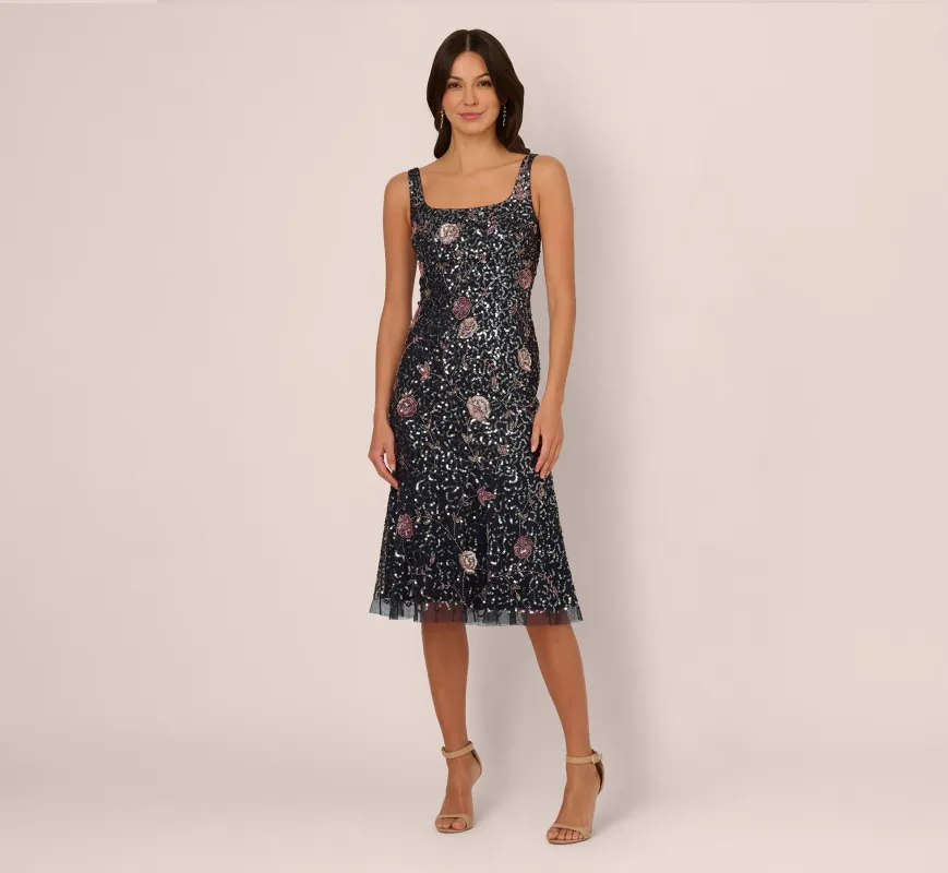 Sleeveless Sequin Floral Beaded Midi Dress In Navy Pink Multi sold by Adrianna Papell