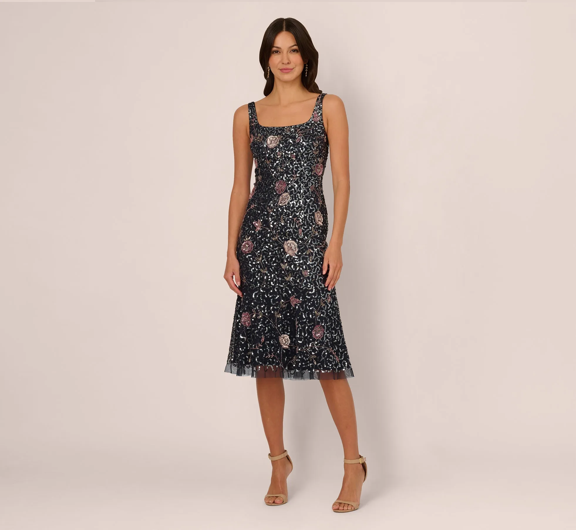 Sleeveless Sequin Floral Beaded Midi Dress In Navy Pink Multi sold by Adrianna Papell