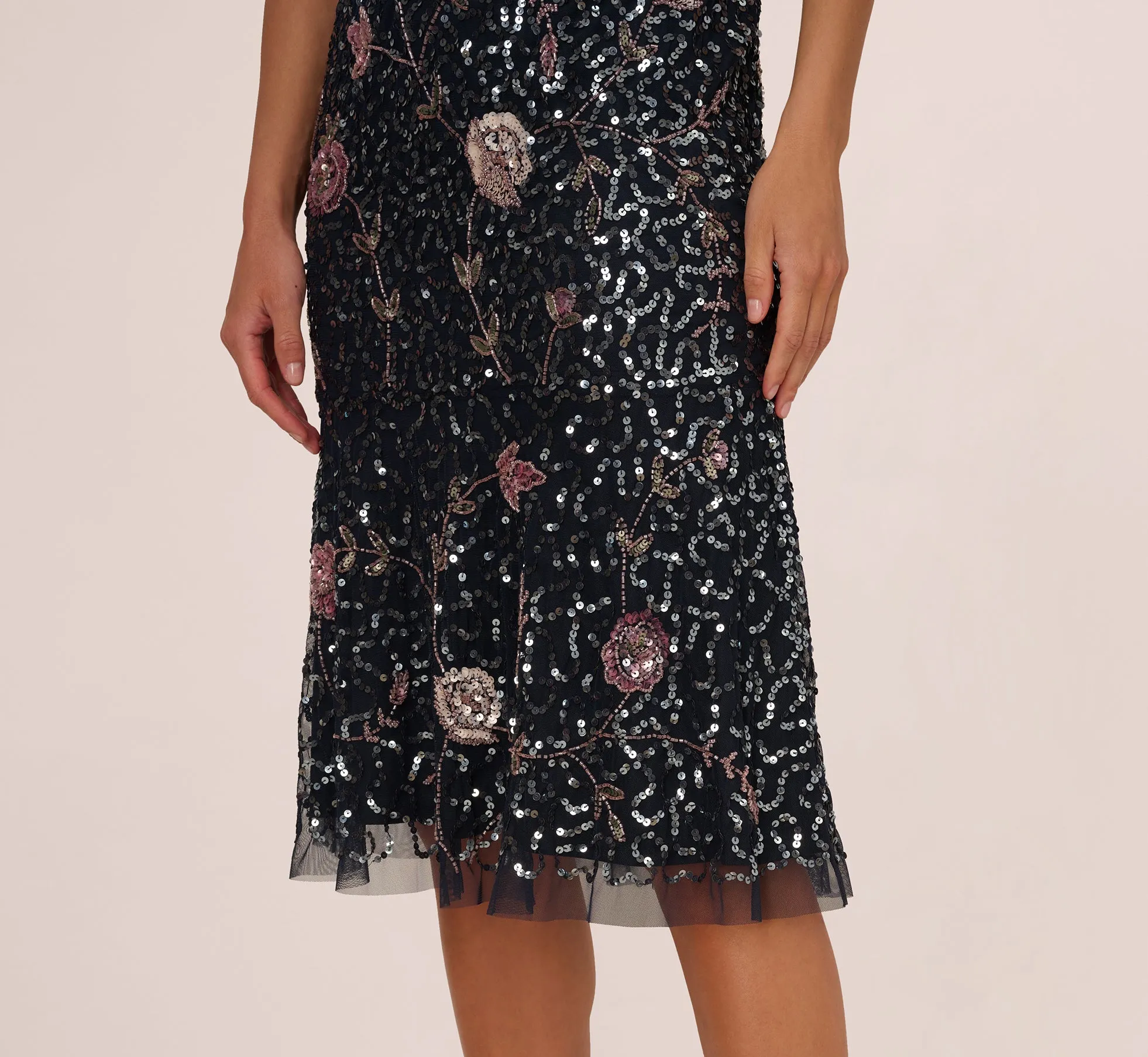 Sleeveless Sequin Floral Beaded Midi Dress In Navy Pink Multi sold by Adrianna Papell product image thumbnail 4