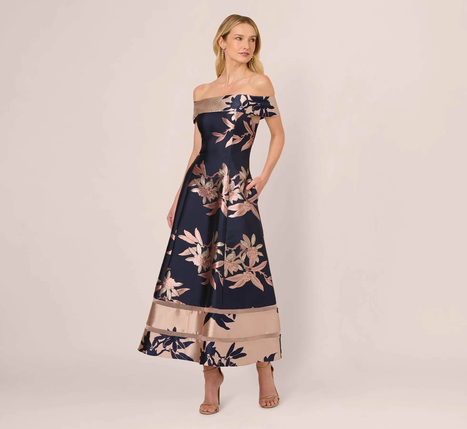 Off Shoulder 2 Tone Jacquard Fit And Flare Midi Dress In Navy Blush sold by Adrianna Papell