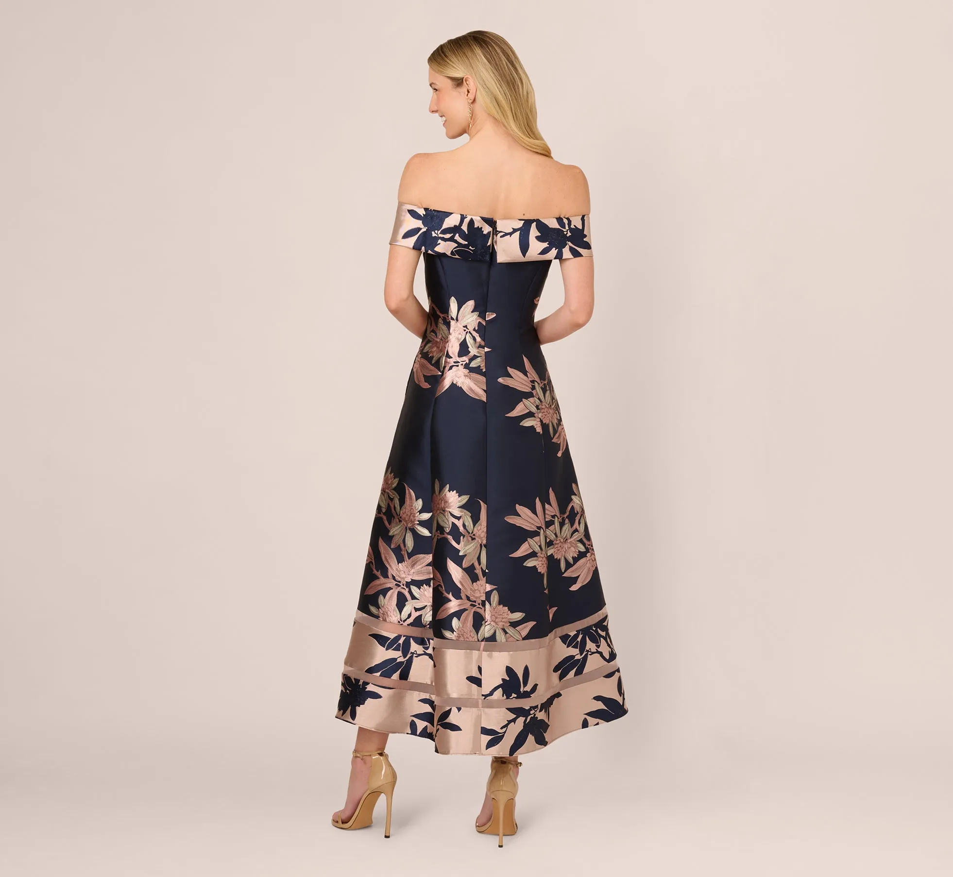 Off Shoulder 2 Tone Jacquard Fit And Flare Midi Dress In Navy Blush sold by Adrianna Papell product image thumbnail 5