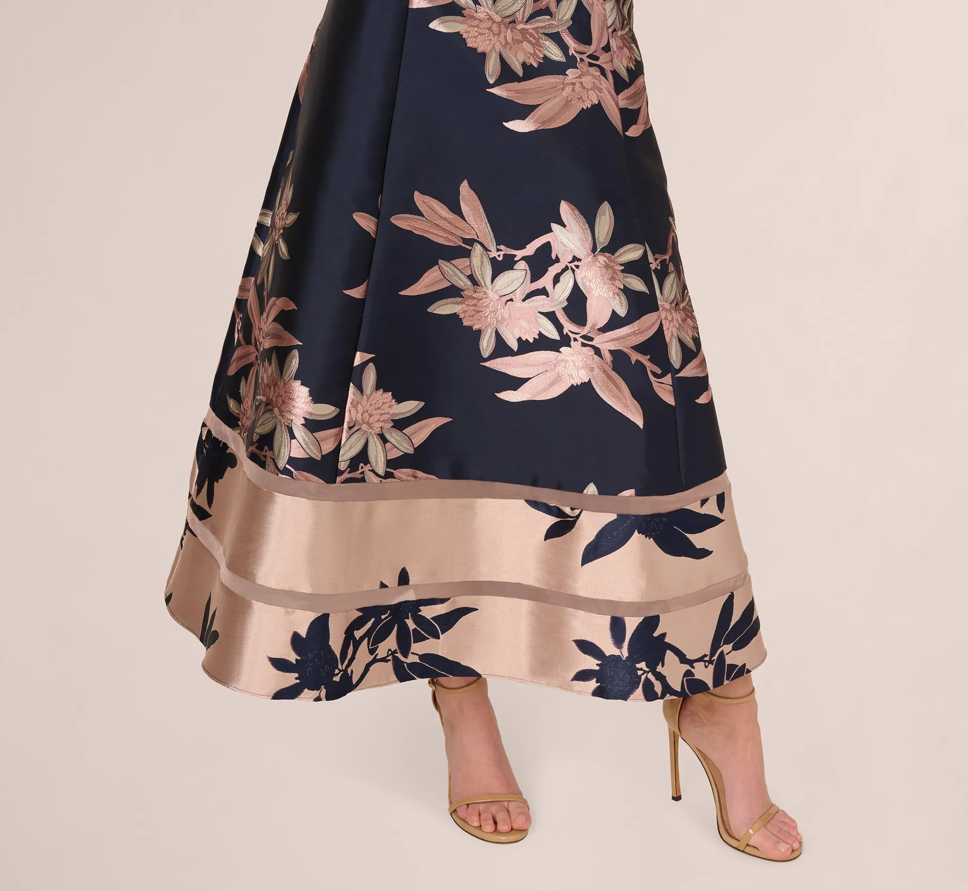 Off Shoulder 2 Tone Jacquard Fit And Flare Midi Dress In Navy Blush sold by Adrianna Papell product image thumbnail 3