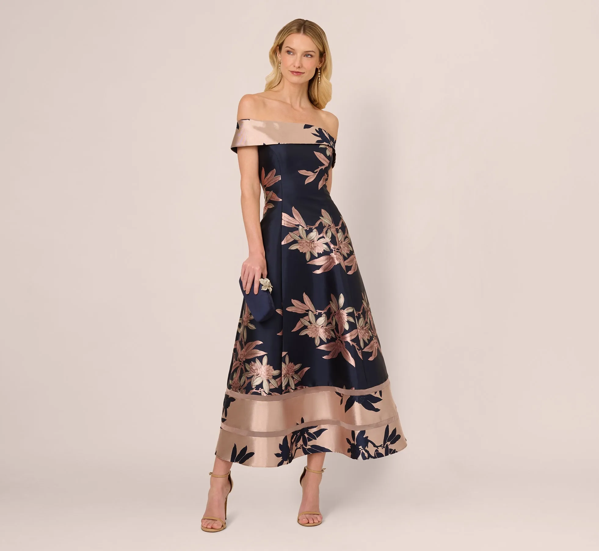 Off Shoulder 2 Tone Jacquard Fit And Flare Midi Dress In Navy Blush sold by Adrianna Papell product image thumbnail 2