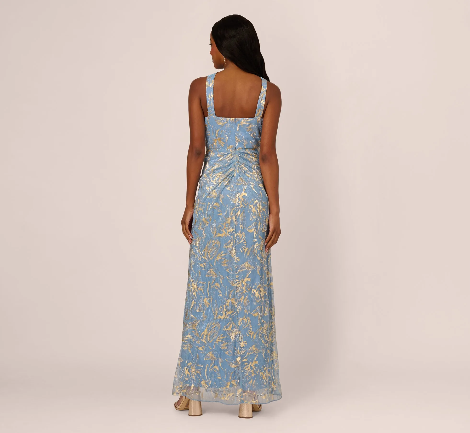 Metallic Crinkle Keyhole Halter Gown In Light Blue Gold sold by Adrianna Papell product image thumbnail 5