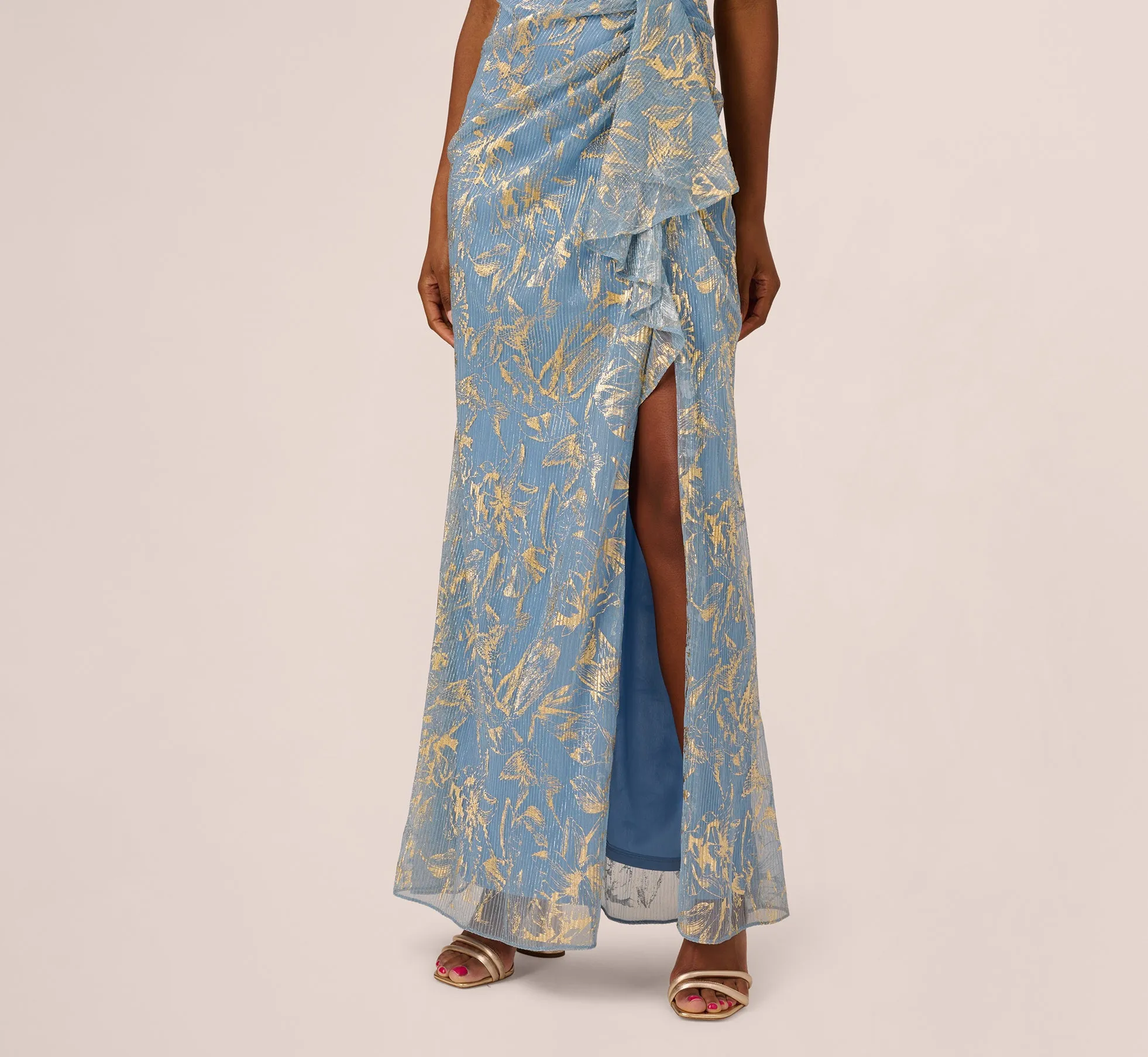 Metallic Crinkle Keyhole Halter Gown In Light Blue Gold sold by Adrianna Papell product image thumbnail 3