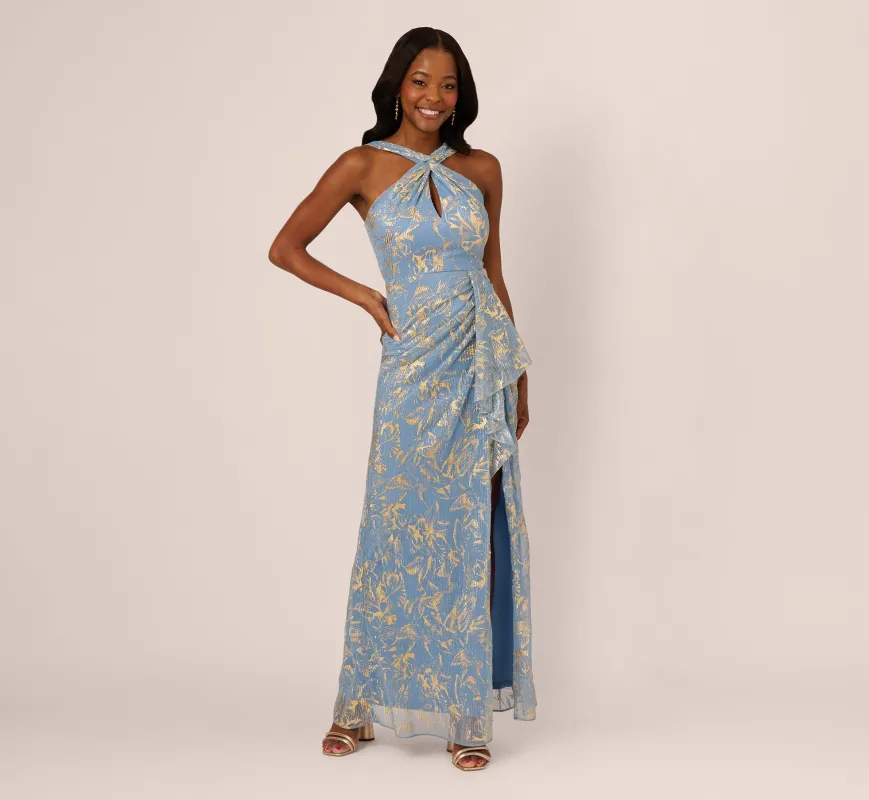 Metallic Crinkle Keyhole Halter Gown In Light Blue Gold sold by Adrianna Papell