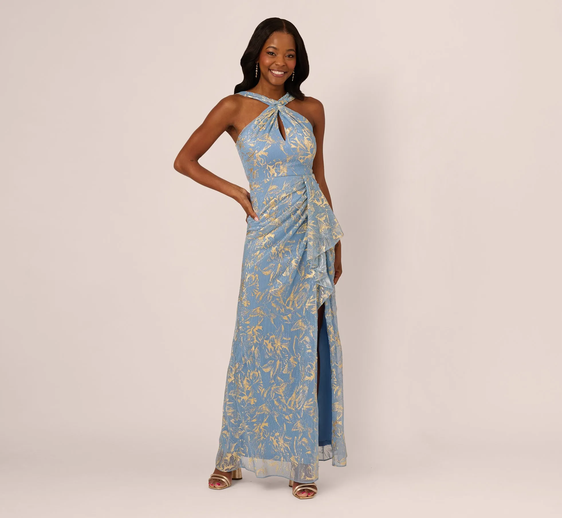 Metallic Crinkle Keyhole Halter Gown In Light Blue Gold sold by Adrianna Papell
