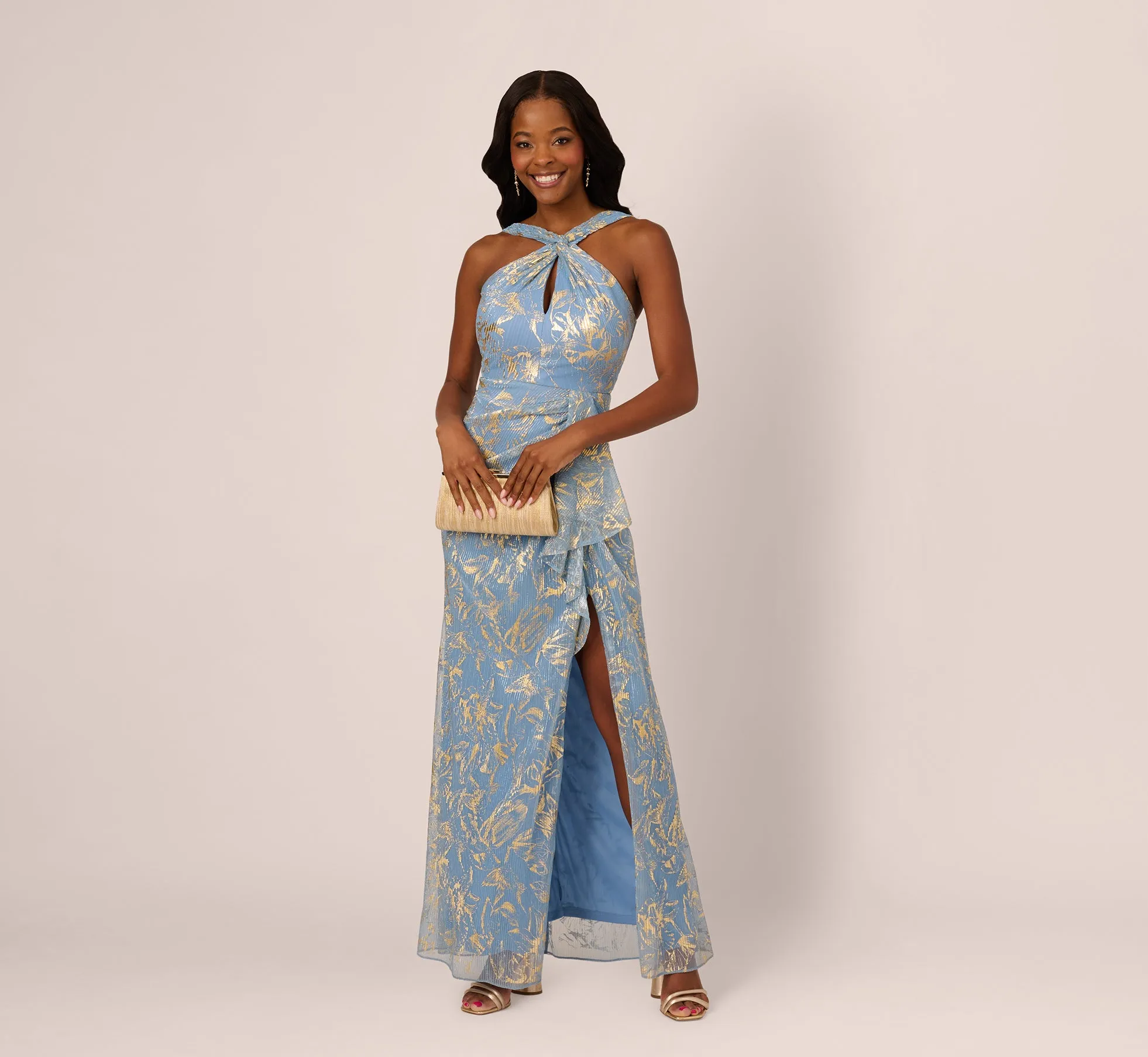 Metallic Crinkle Keyhole Halter Gown In Light Blue Gold sold by Adrianna Papell product image thumbnail 2