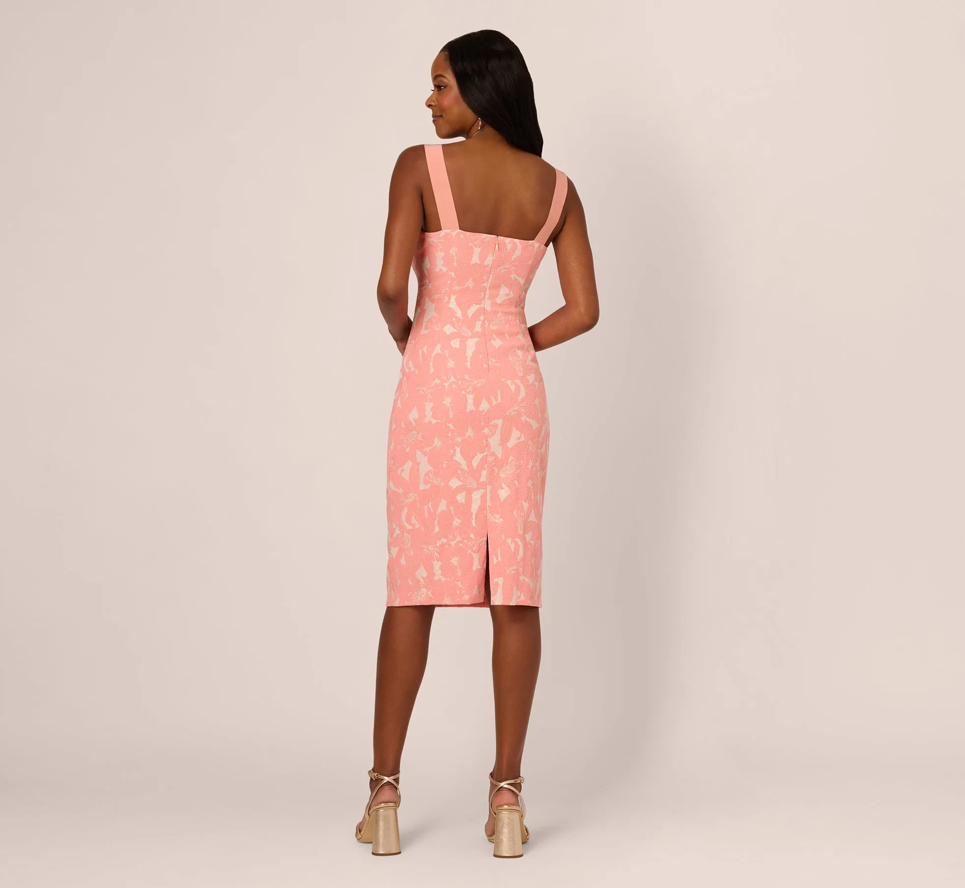 Hibiscus Jacquard Sheath Dress With Tucked Details In Light Coral sold by Adrianna Papell product image thumbnail 5
