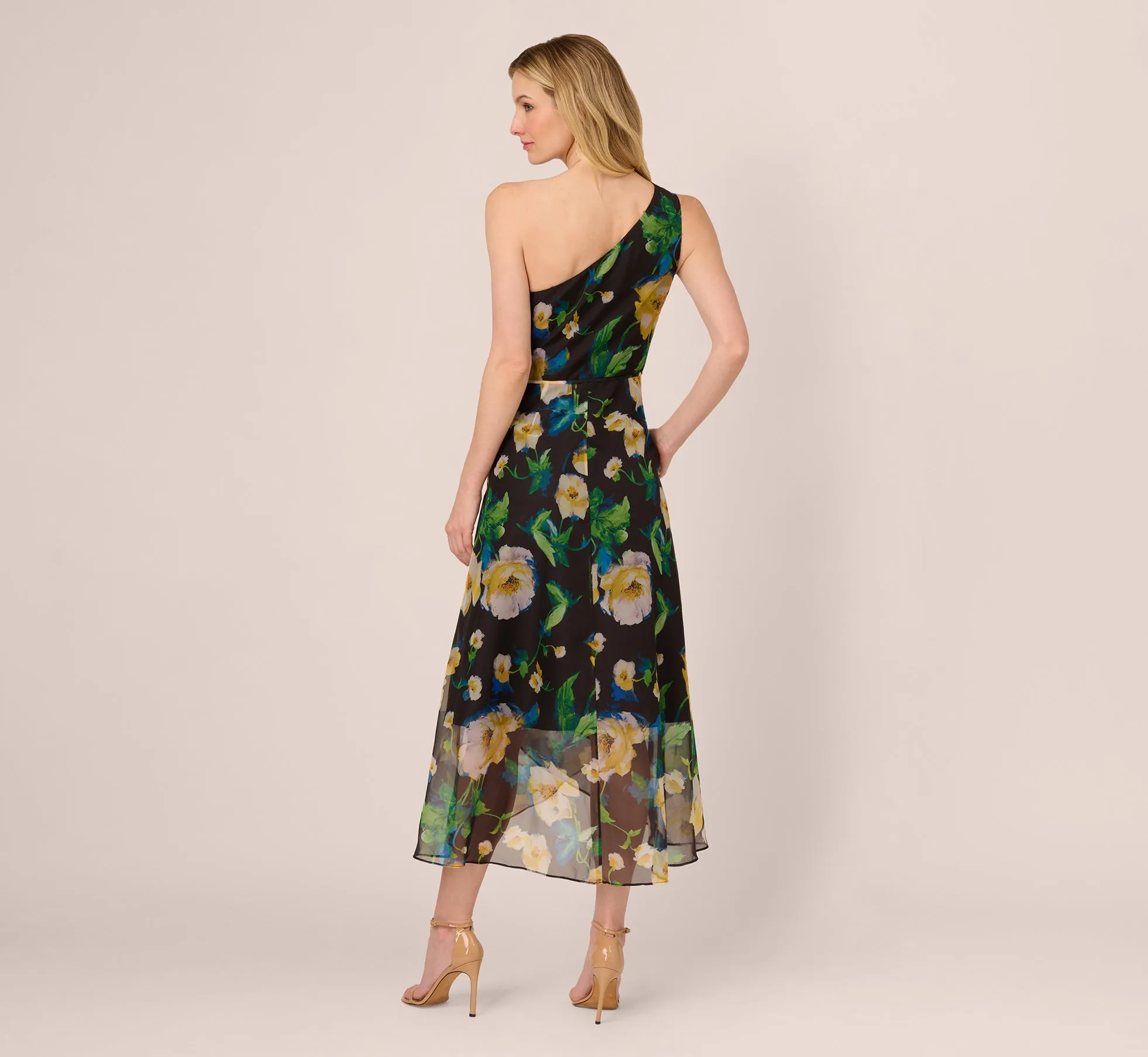 One Shoulder Floral Chiffon High Low Midi Dress In Black Yellow Multi sold by Adrianna Papell product image thumbnail 5