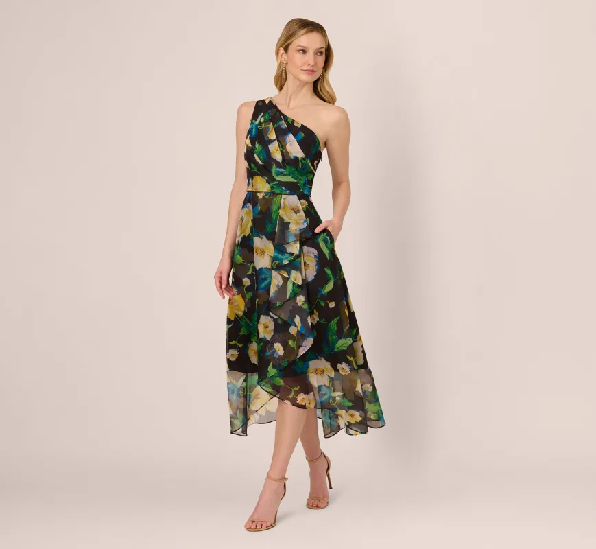 One Shoulder Floral Chiffon High Low Midi Dress In Black Yellow Multi sold by Adrianna Papell