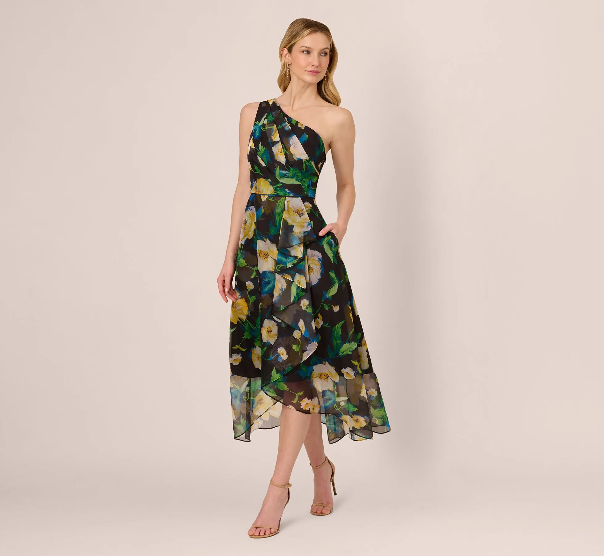 One Shoulder Floral Chiffon High Low Midi Dress In Black Yellow Multi sold by Adrianna Papell