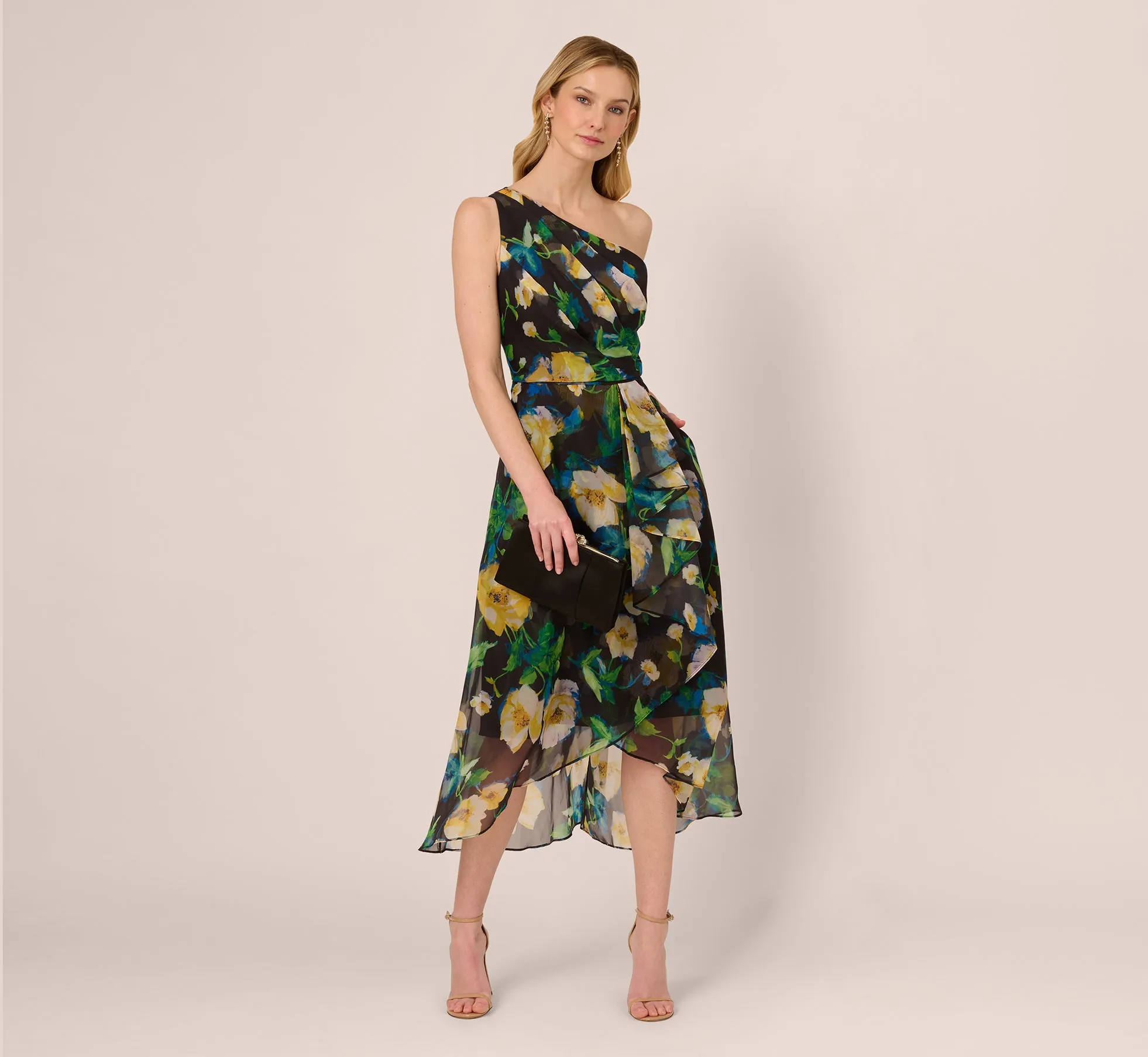 One Shoulder Floral Chiffon High Low Midi Dress In Black Yellow Multi sold by Adrianna Papell product image thumbnail 2