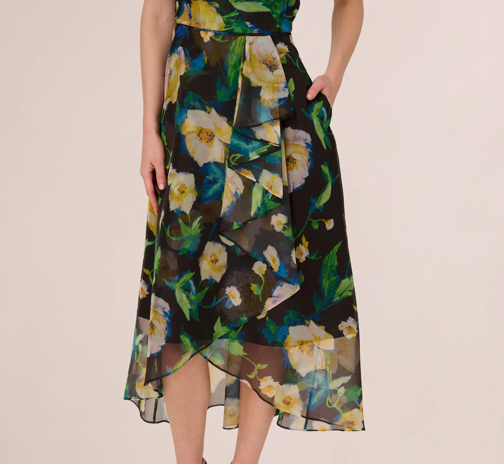 One Shoulder Floral Chiffon High Low Midi Dress In Black Yellow Multi sold by Adrianna Papell product image thumbnail 4