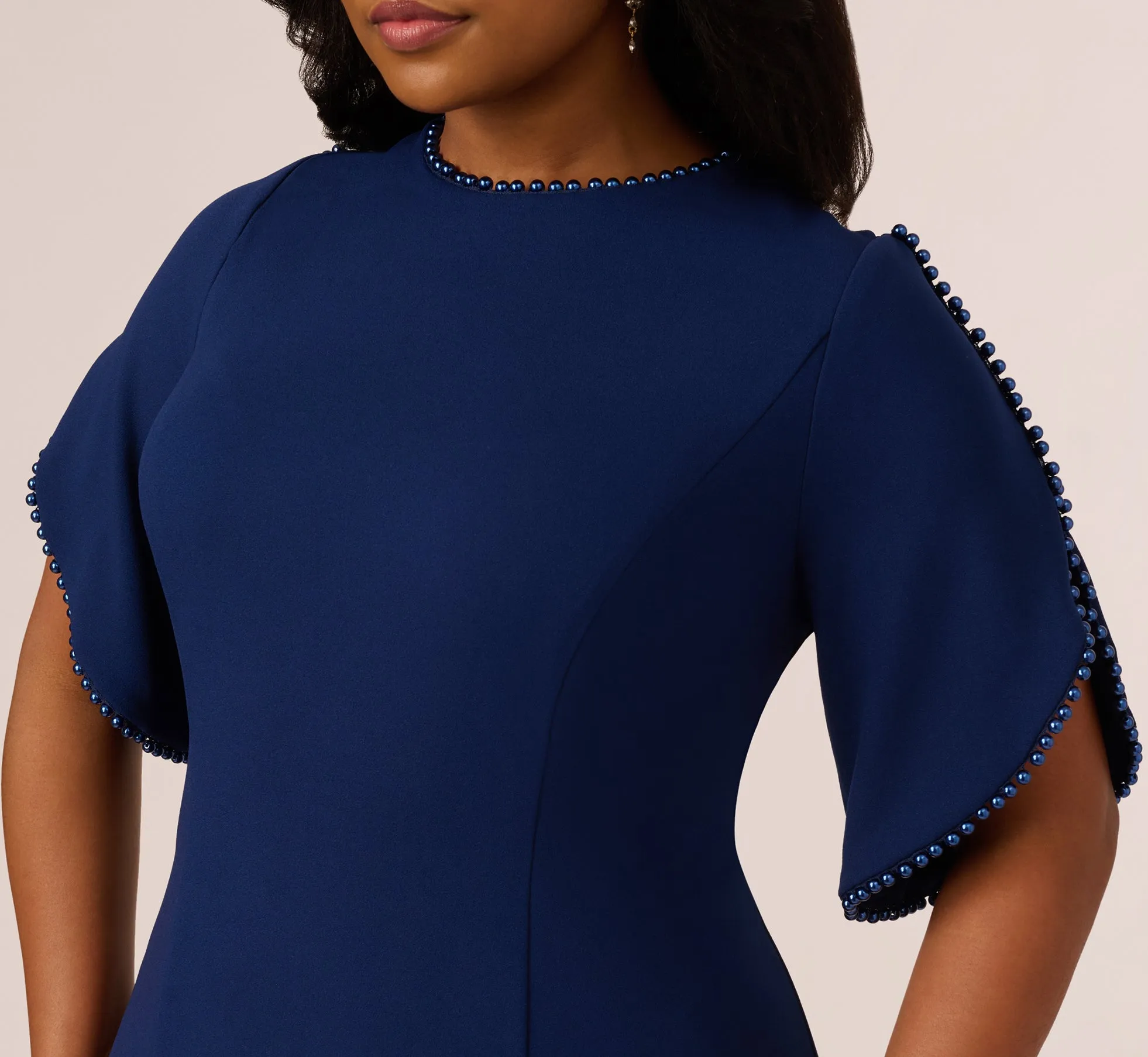 Plus Size Crepe Midi Length Sheath Dress With Pearl Trimmed Sleeves In Navy Sateen sold by Adrianna Papell product image thumbnail 3