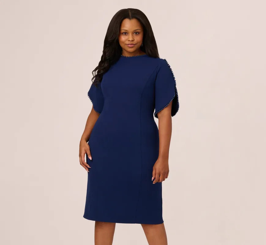 Plus Size Crepe Midi Length Sheath Dress With Pearl Trimmed Sleeves In Navy Sateen sold by Adrianna Papell