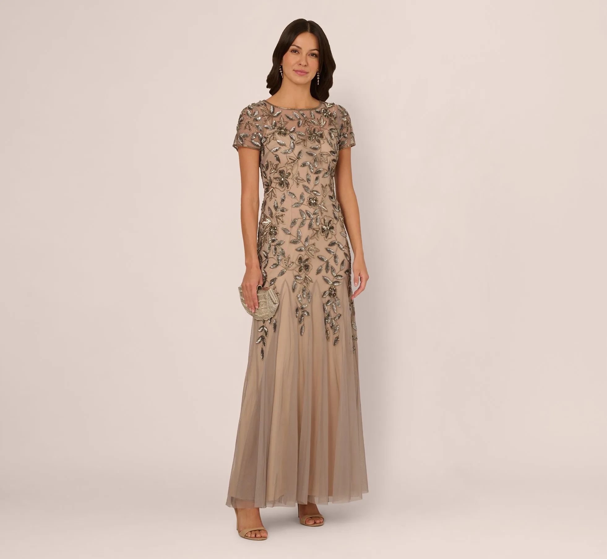 Hand Beaded Short Sleeve Floral Godet Gown In Mercury Nude sold by Adrianna Papell product image thumbnail 2