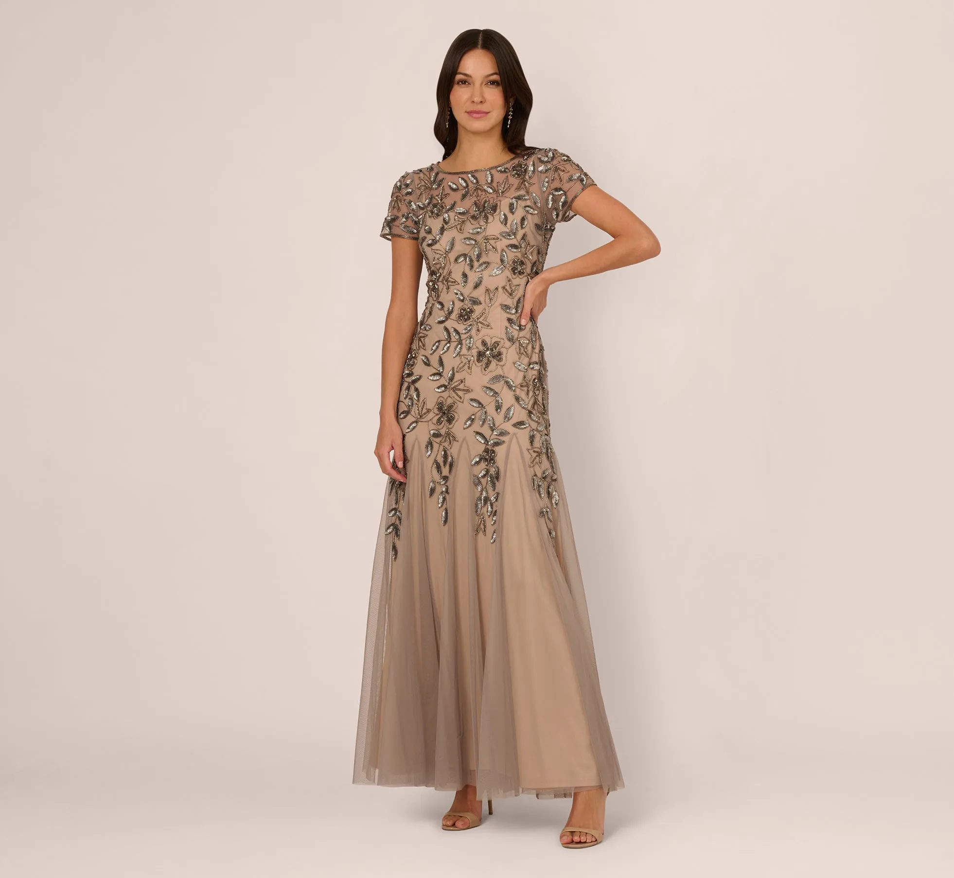 Hand Beaded Short Sleeve Floral Godet Gown In Mercury Nude sold by Adrianna Papell