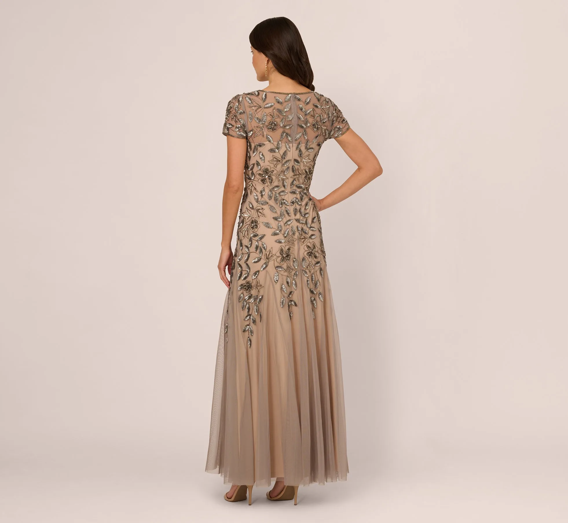 Hand Beaded Short Sleeve Floral Godet Gown In Mercury Nude sold by Adrianna Papell product image thumbnail 5