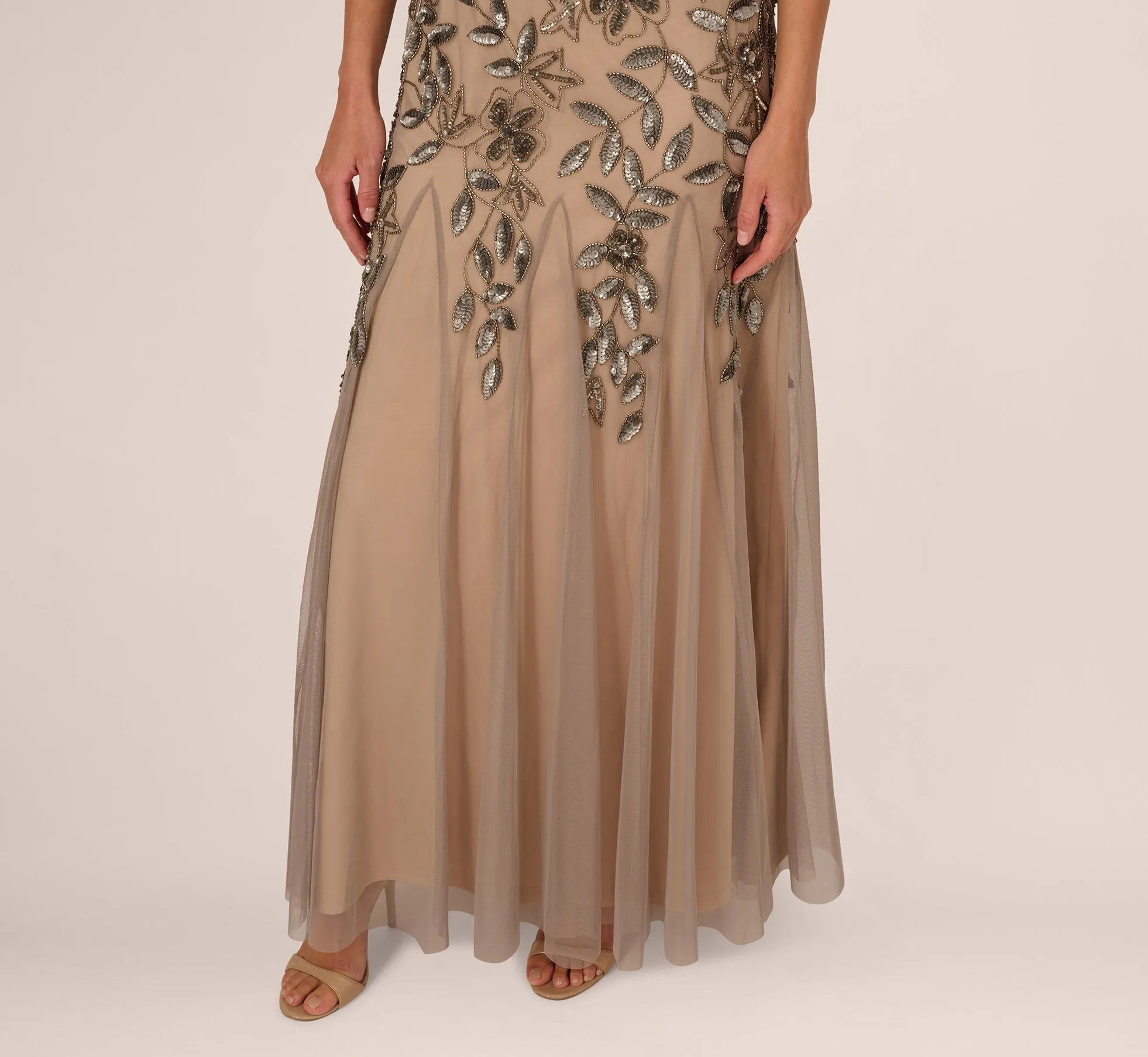 Hand Beaded Short Sleeve Floral Godet Gown In Mercury Nude sold by Adrianna Papell product image thumbnail 4