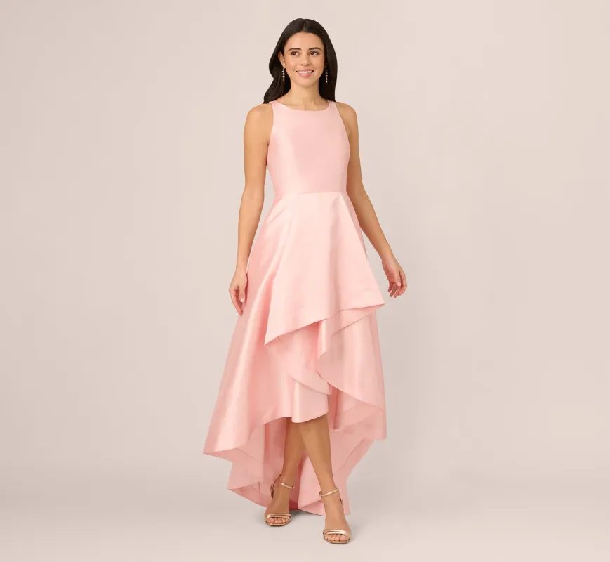 High Low Mikado Gown With Asymmetrical Detail In Pink Peach sold by Adrianna Papell