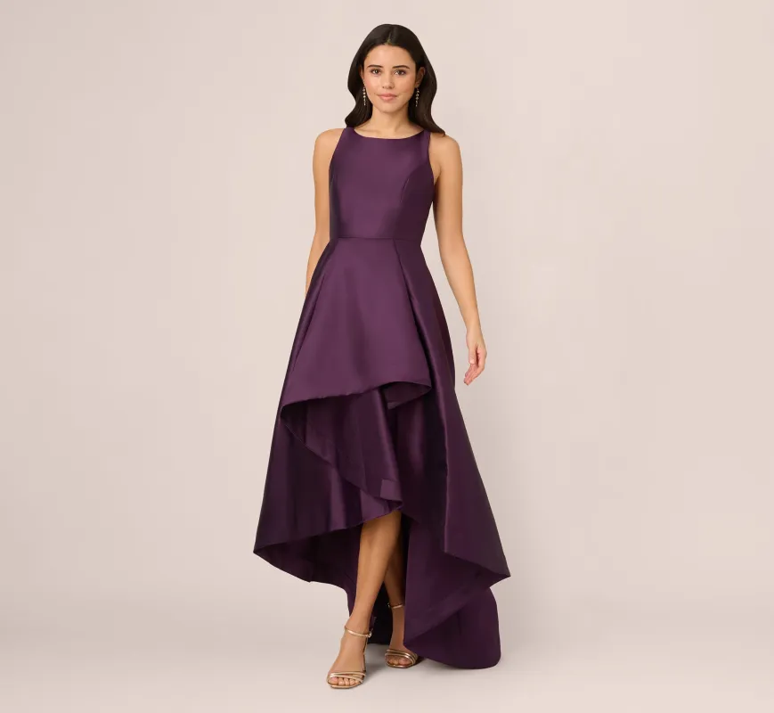 High Low Mikado Gown With Asymmetrical Detail In Luxe Plum sold by Adrianna Papell