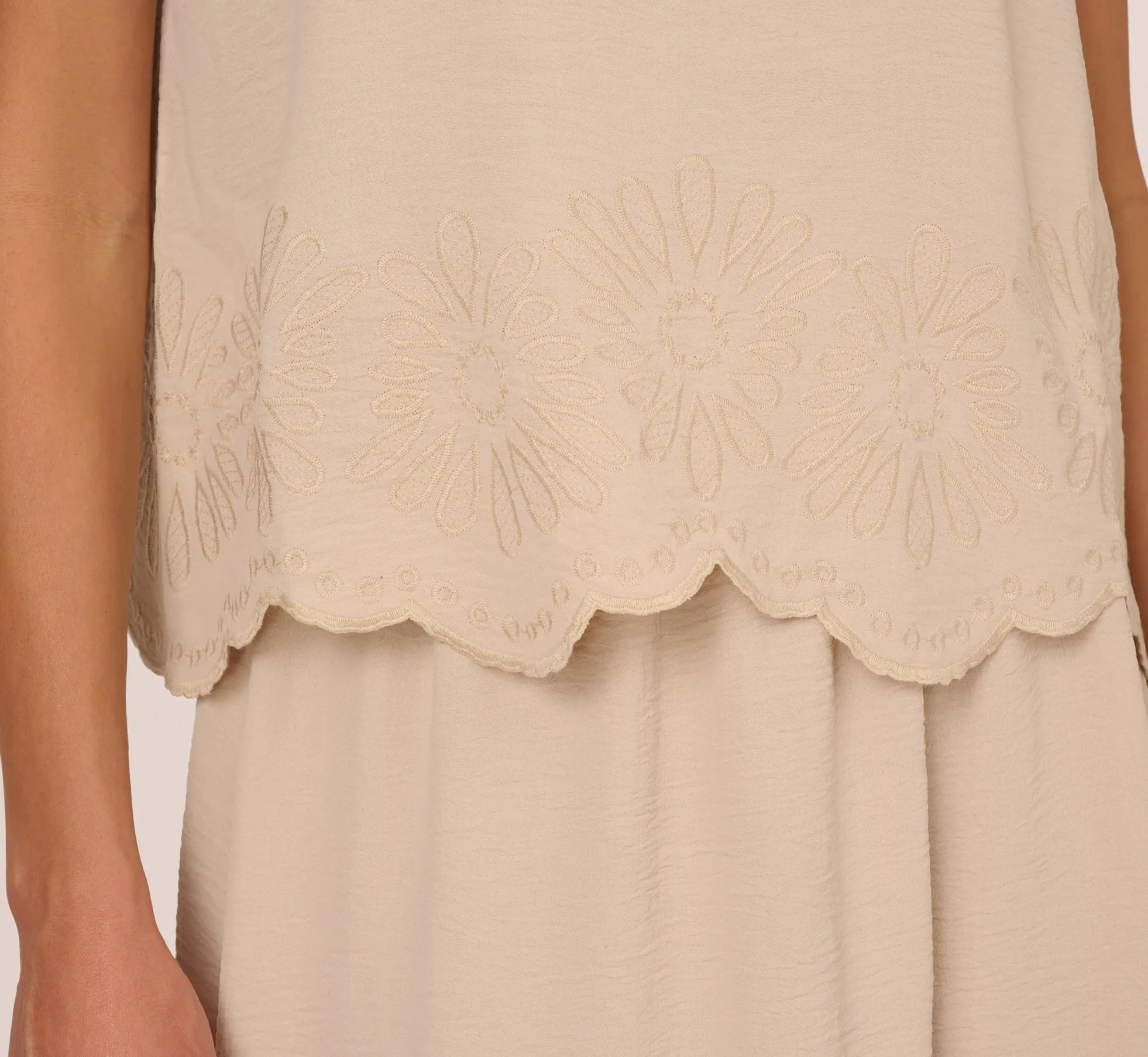 Flutter Sleeve Embroidery Scalloped Hem Top In Bamboo Wood sold by Adrianna Papell product image thumbnail 4