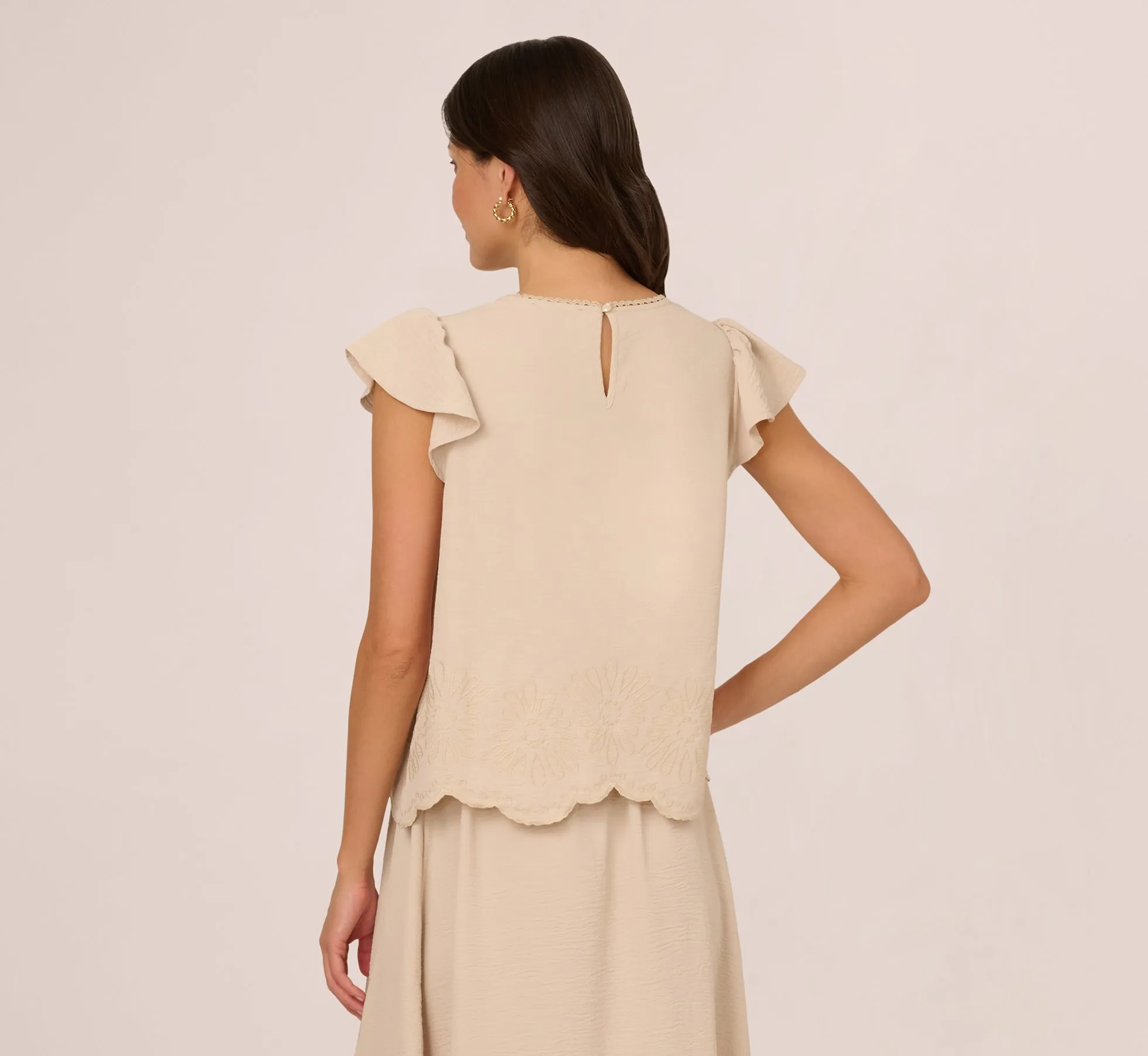 Flutter Sleeve Embroidery Scalloped Hem Top In Bamboo Wood sold by Adrianna Papell product image thumbnail 5