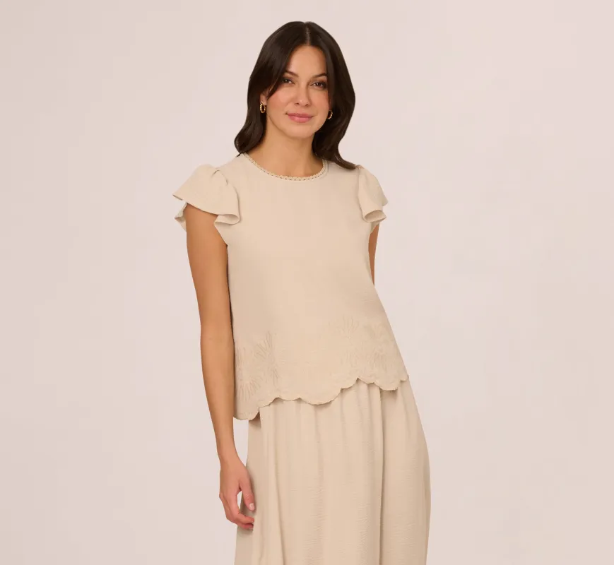 Flutter Sleeve Embroidery Scalloped Hem Top In Bamboo Wood sold by Adrianna Papell