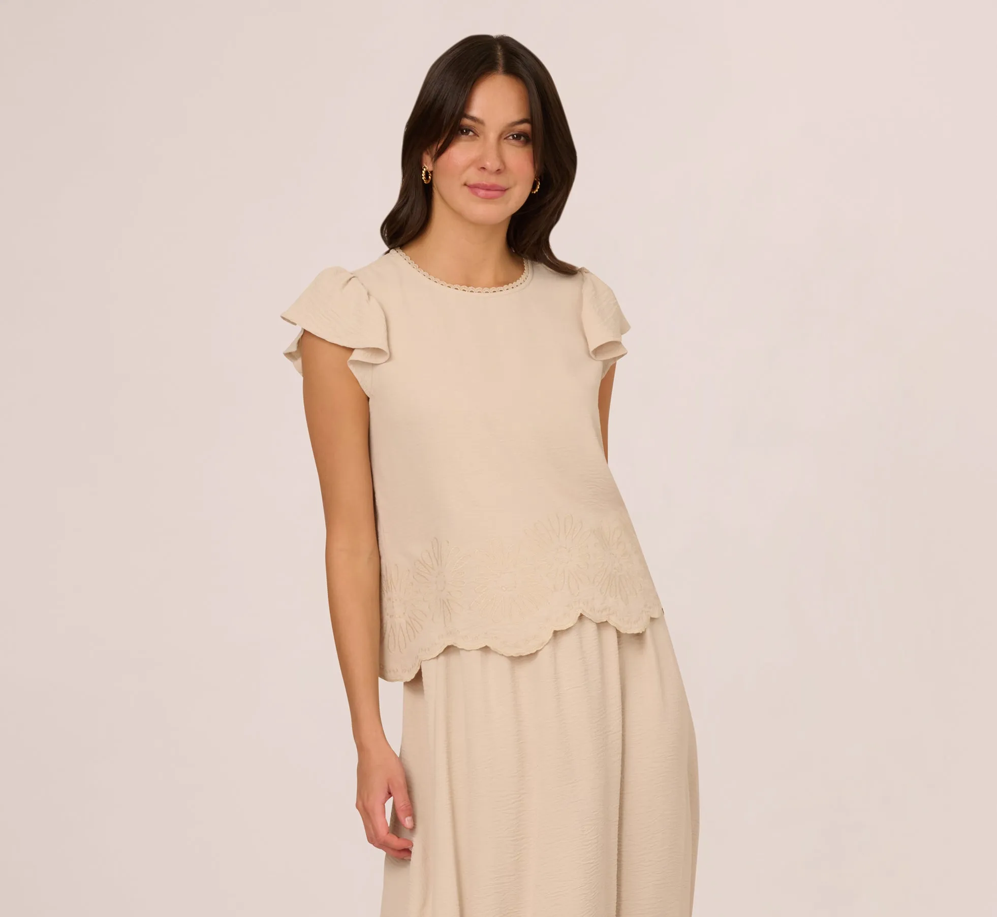 Flutter Sleeve Embroidery Scalloped Hem Top In Bamboo Wood sold by Adrianna Papell