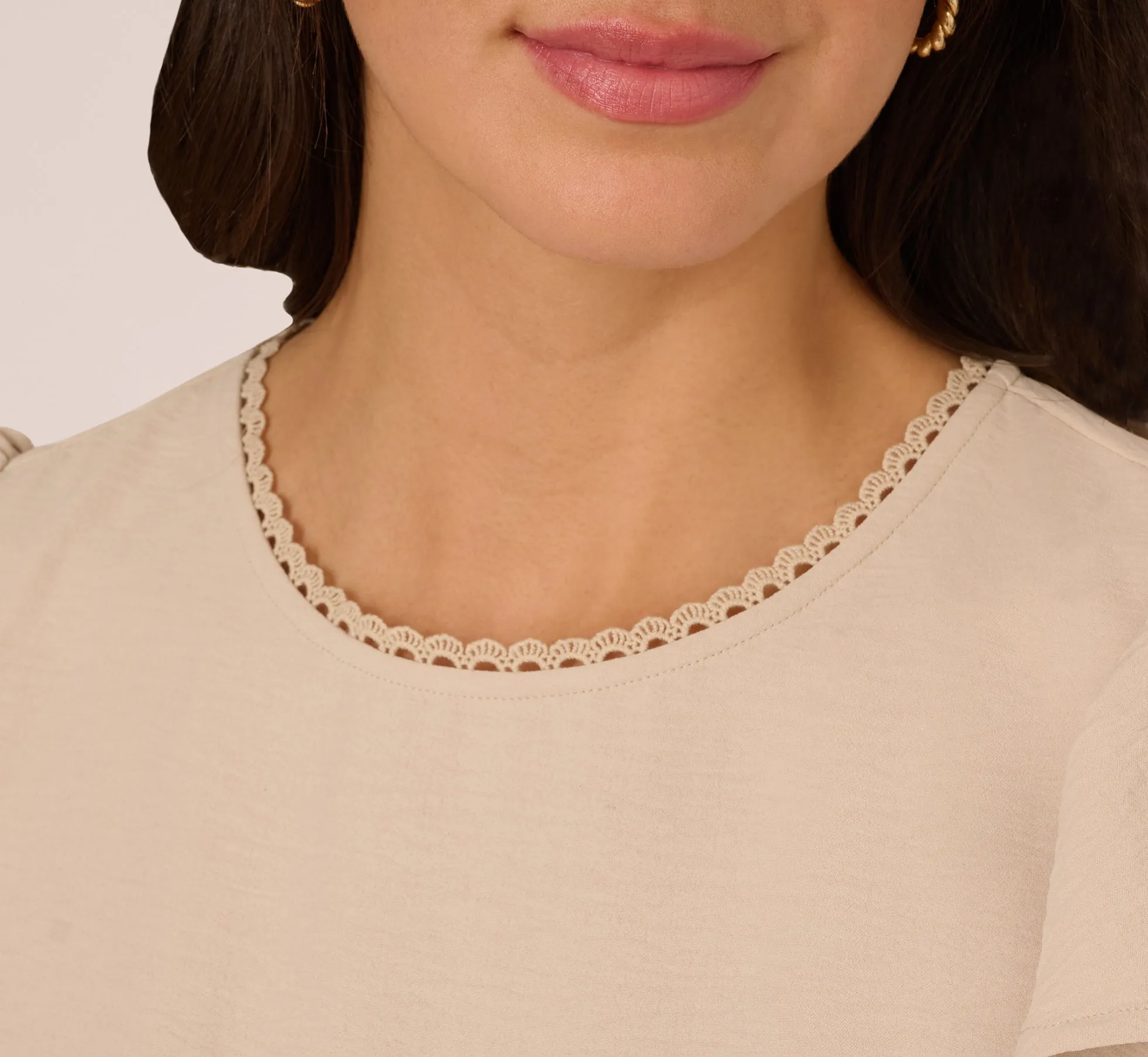 Flutter Sleeve Embroidery Scalloped Hem Top In Bamboo Wood sold by Adrianna Papell product image thumbnail 3