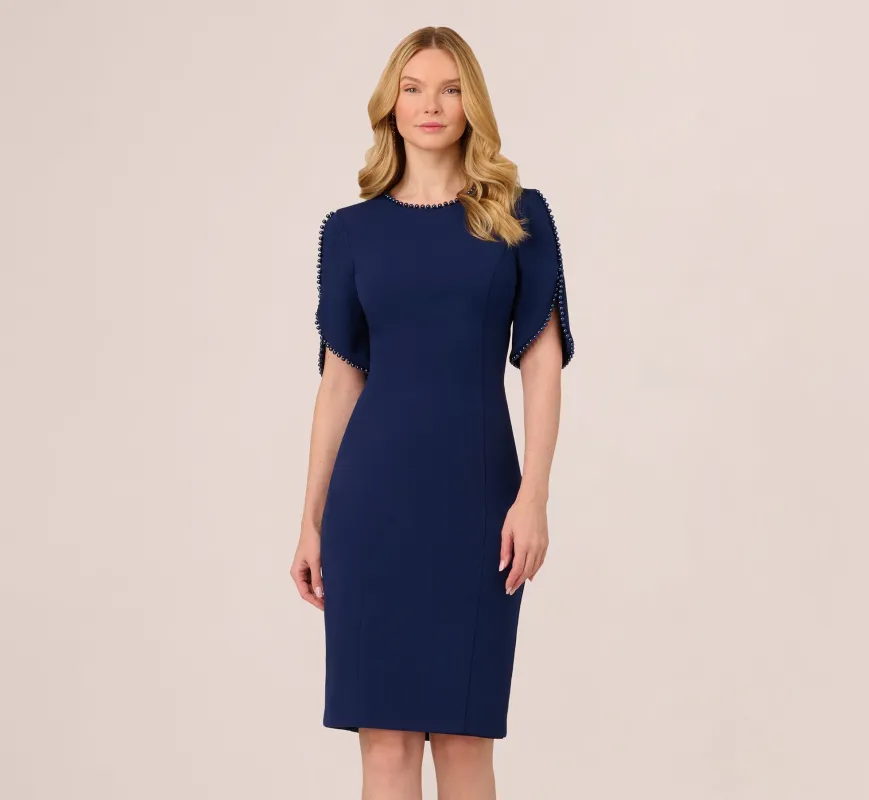 Crepe Midi Length Sheath Dress With Pearl Trimmed Sleeves In Navy Sateen sold by Adrianna Papell