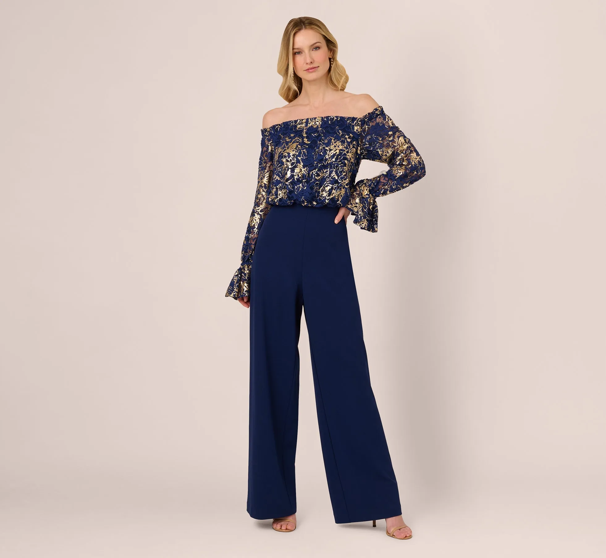 Lace And Crepe Jumpsuit In Navy Gold sold by Adrianna Papell