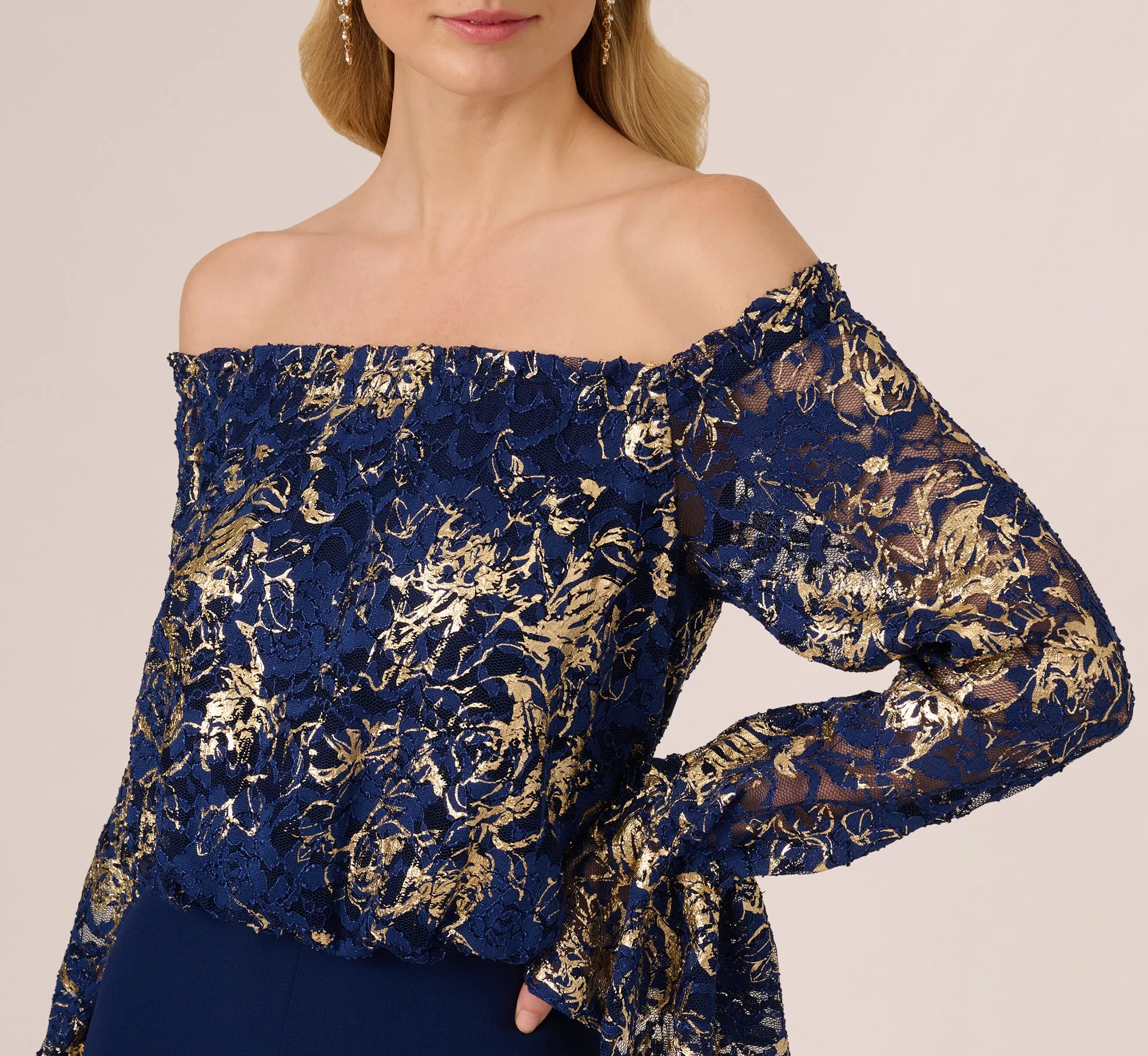 Lace And Crepe Jumpsuit In Navy Gold sold by Adrianna Papell product image thumbnail 3