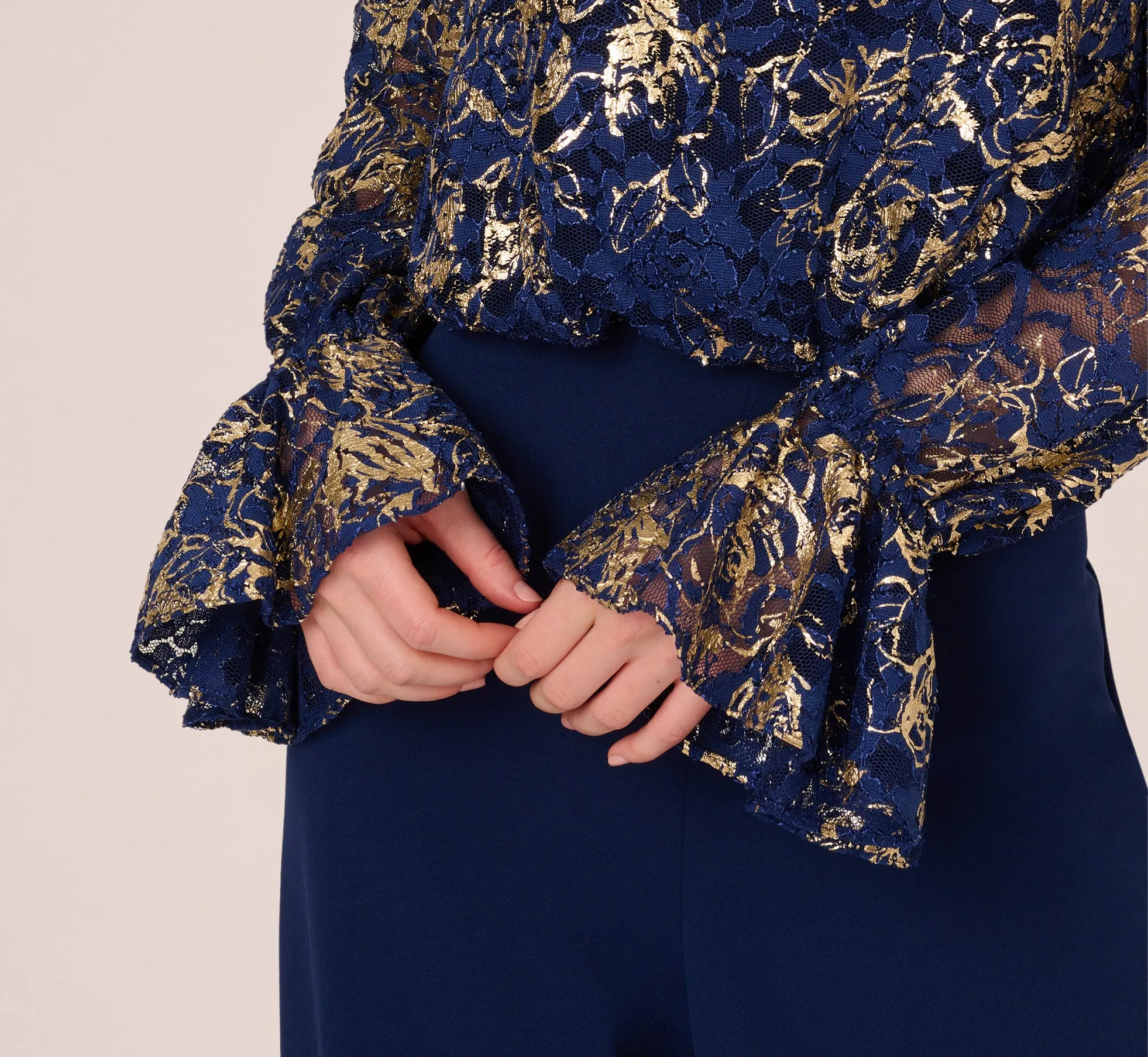 Lace And Crepe Jumpsuit In Navy Gold sold by Adrianna Papell product image thumbnail 4