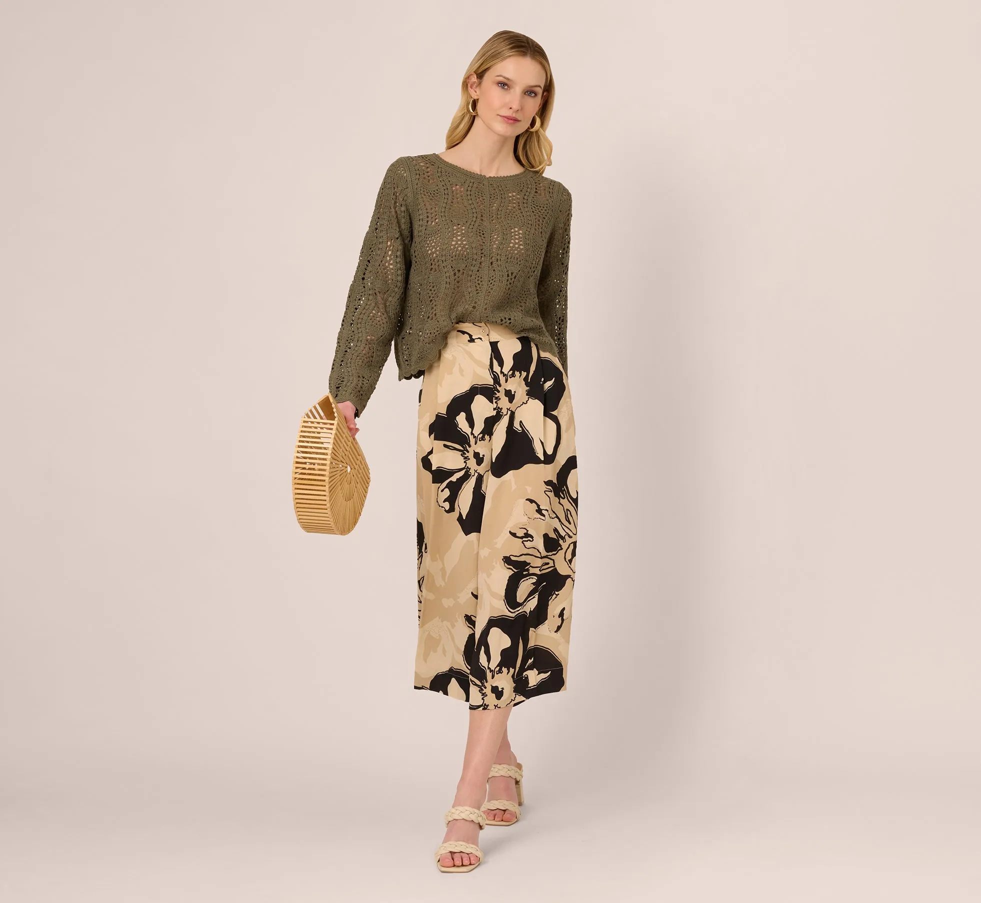 Long Sleeve Open Crochet Sweater In Olivine sold by Adrianna Papell product image thumbnail 2