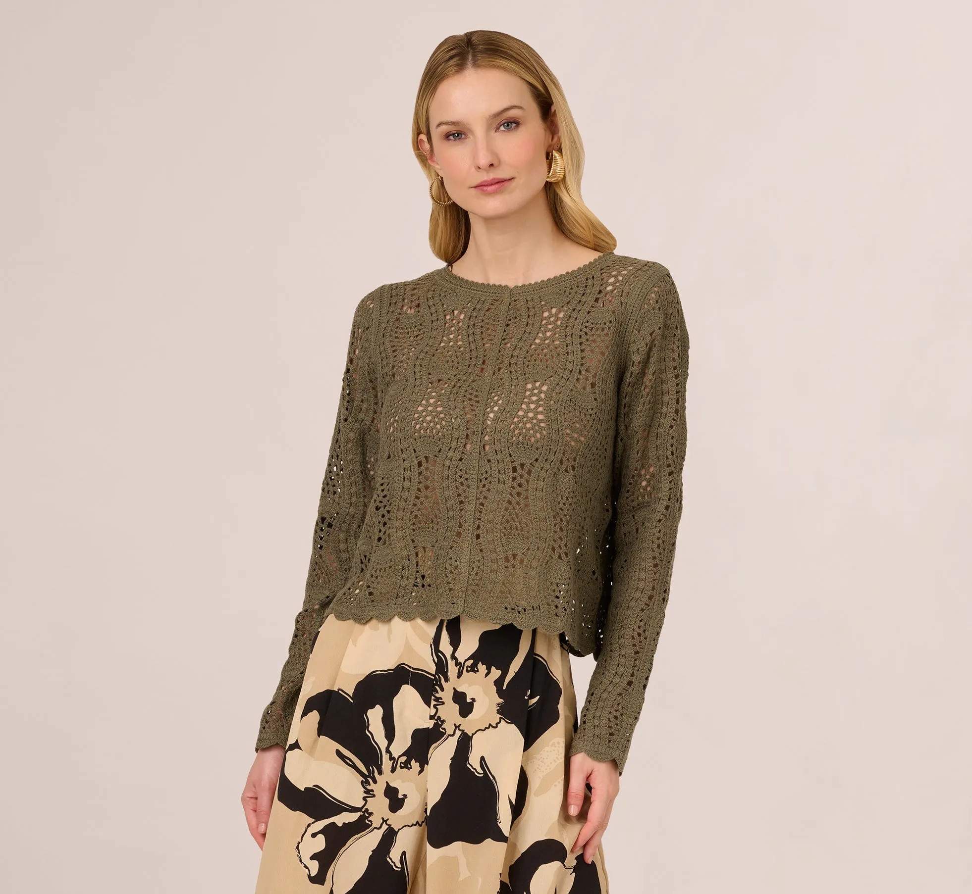 Long Sleeve Open Crochet Sweater In Olivine sold by Adrianna Papell