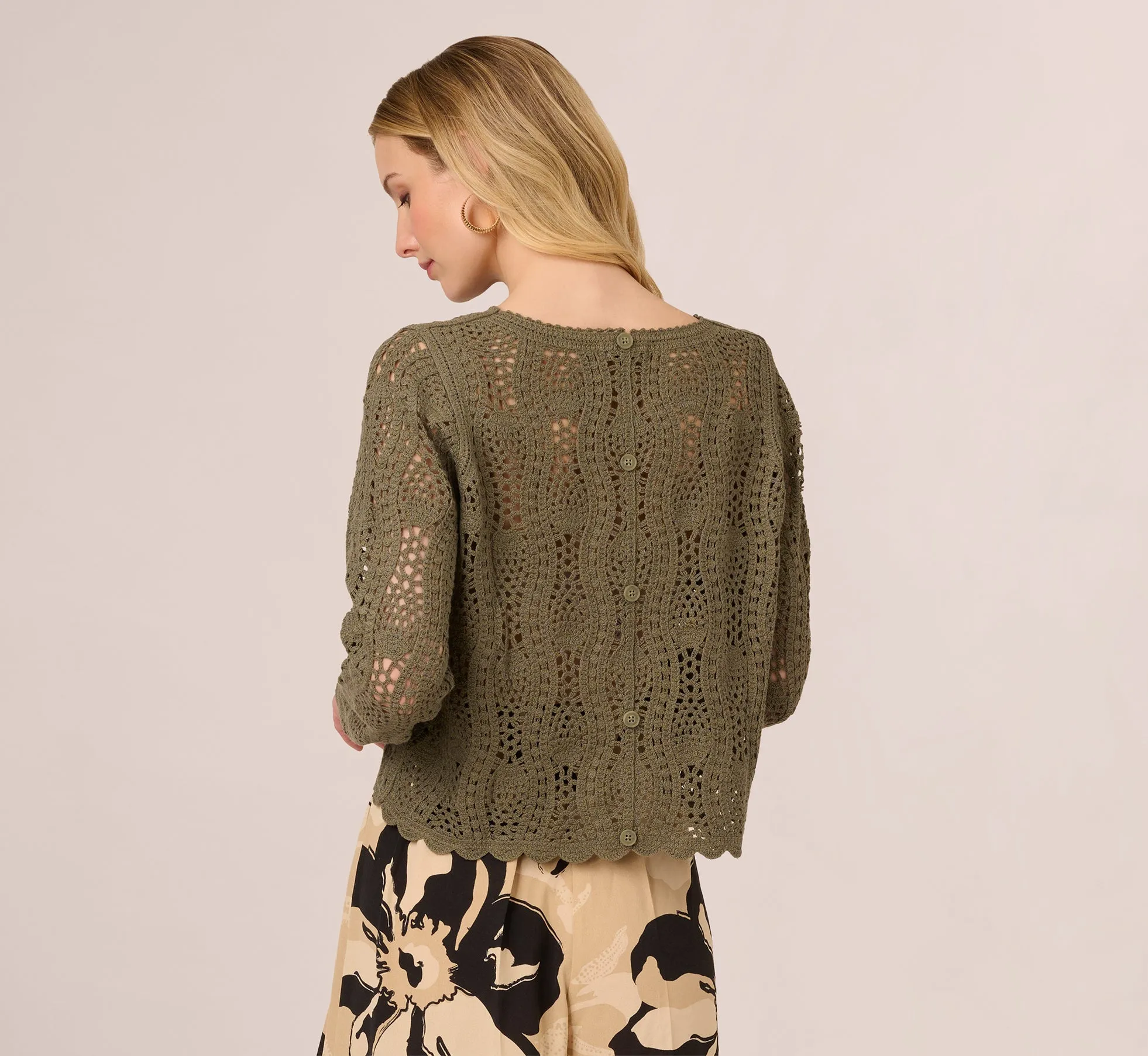 Long Sleeve Open Crochet Sweater In Olivine sold by Adrianna Papell product image thumbnail 5