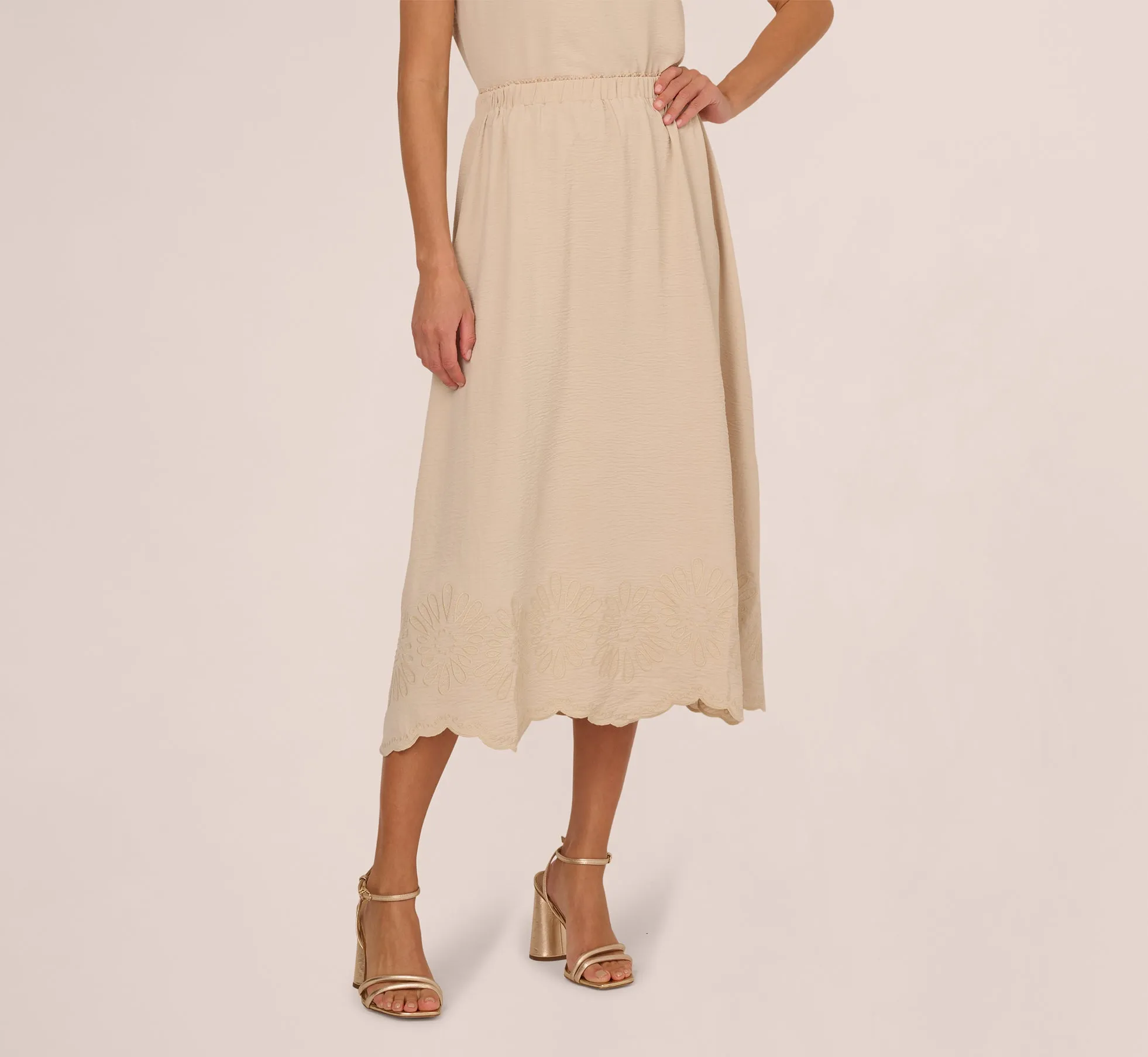 Embroidery Scalloped Hem Midi Skirt In Bamboo Wood sold by Adrianna Papell