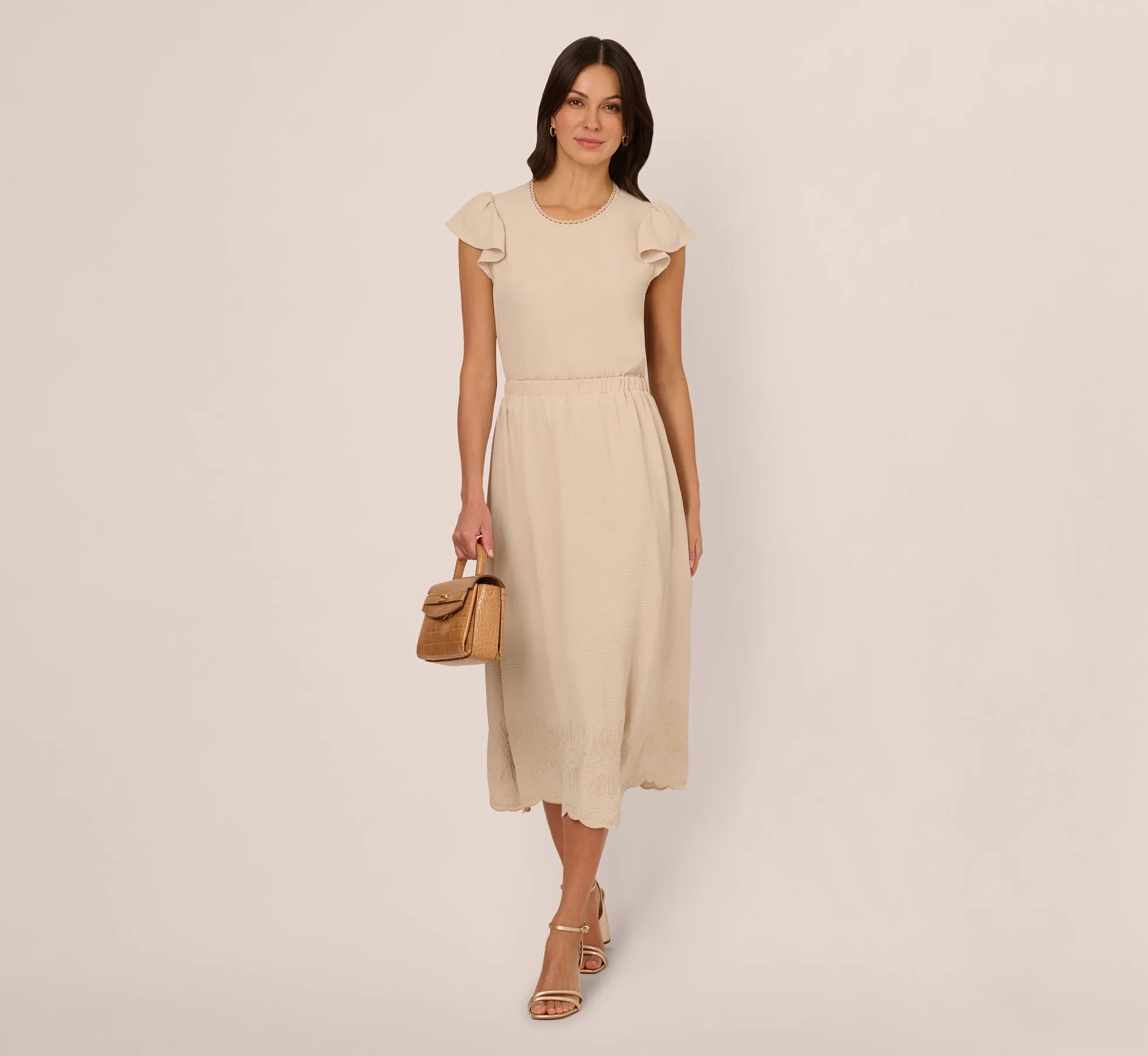 Embroidery Scalloped Hem Midi Skirt In Bamboo Wood sold by Adrianna Papell product image thumbnail 2