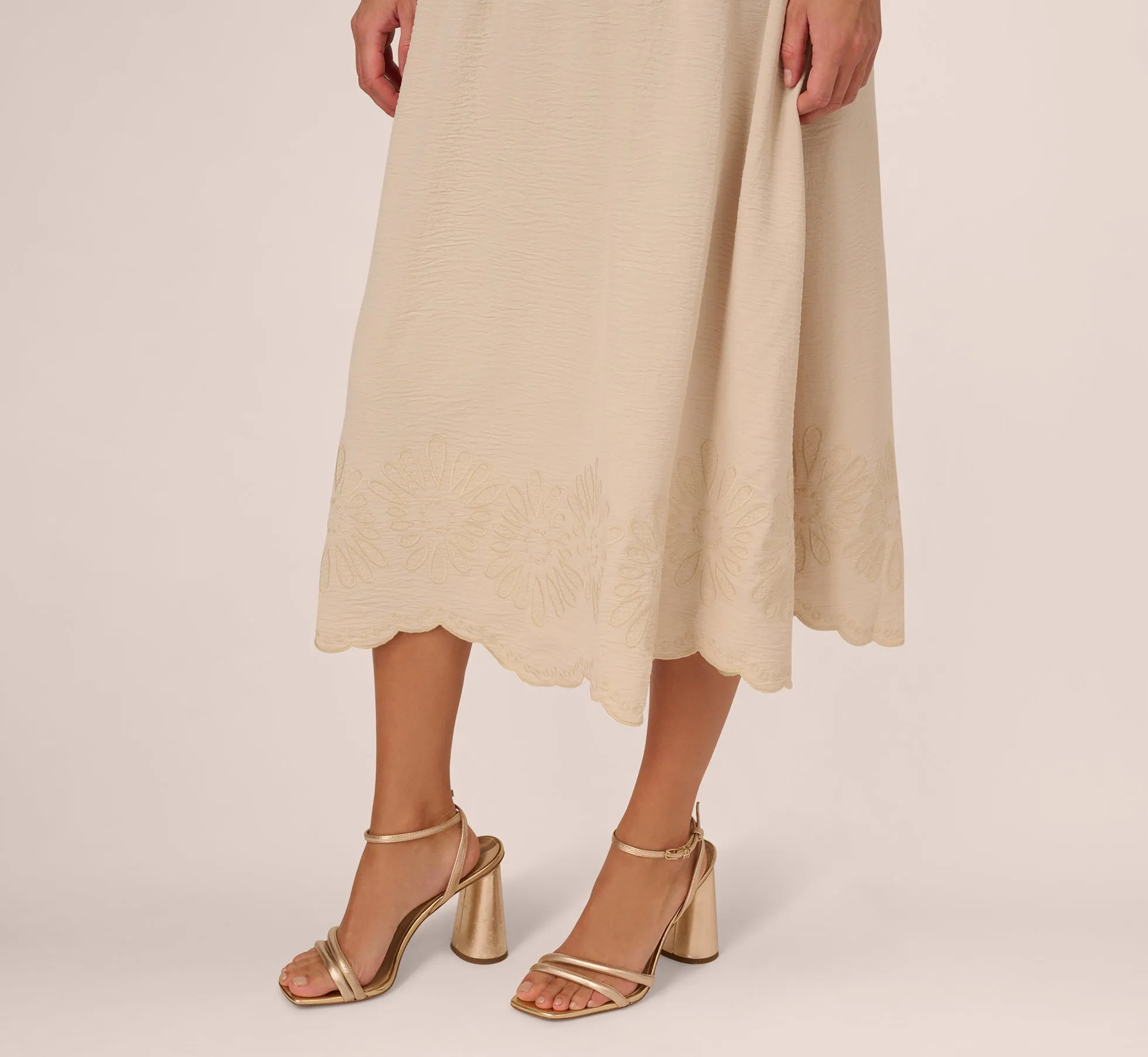 Embroidery Scalloped Hem Midi Skirt In Bamboo Wood sold by Adrianna Papell product image thumbnail 4