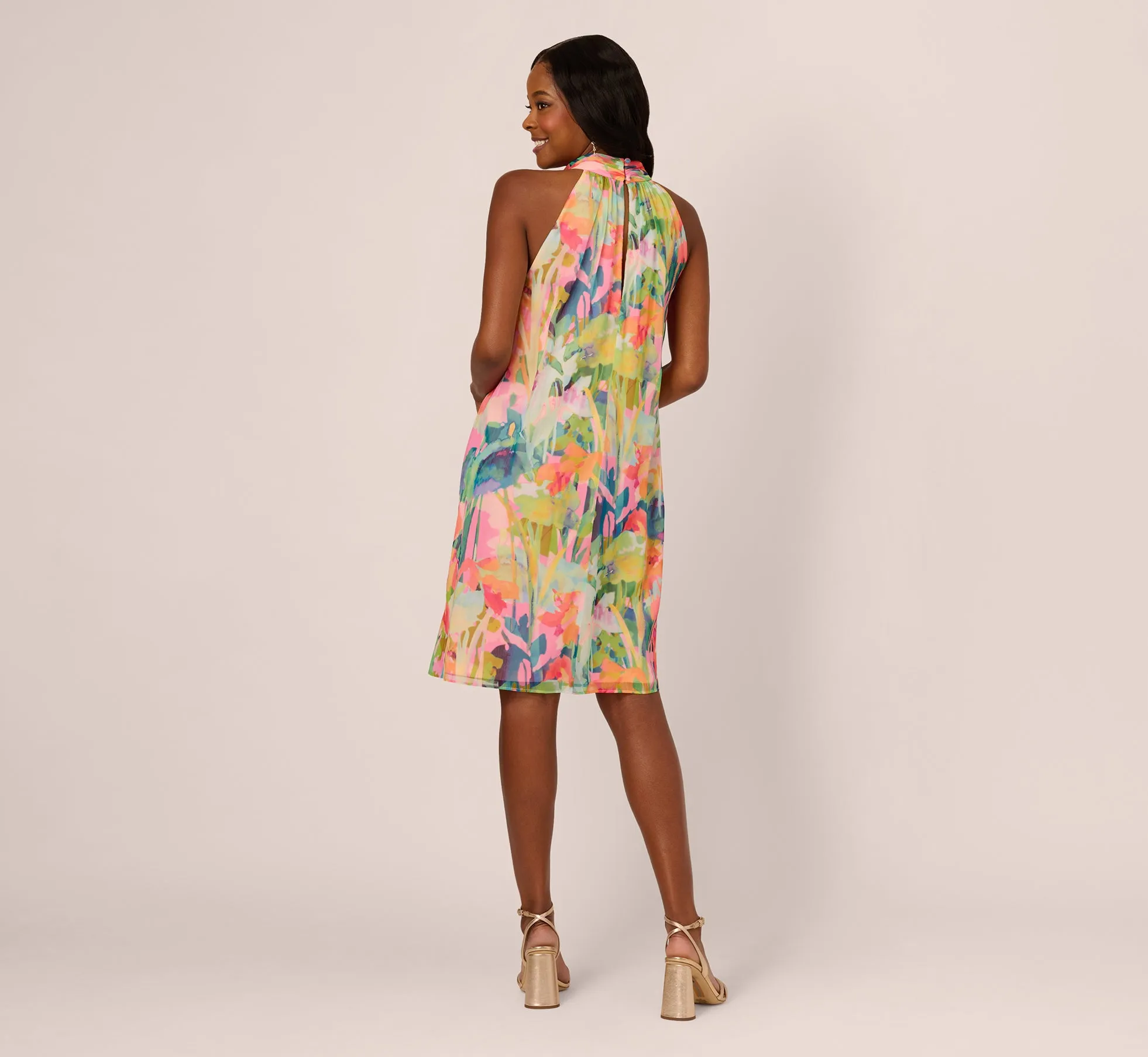 Floral Ruffle Chiffon Halter Trapeze Dress In Pink Multi sold by Adrianna Papell product image thumbnail 5
