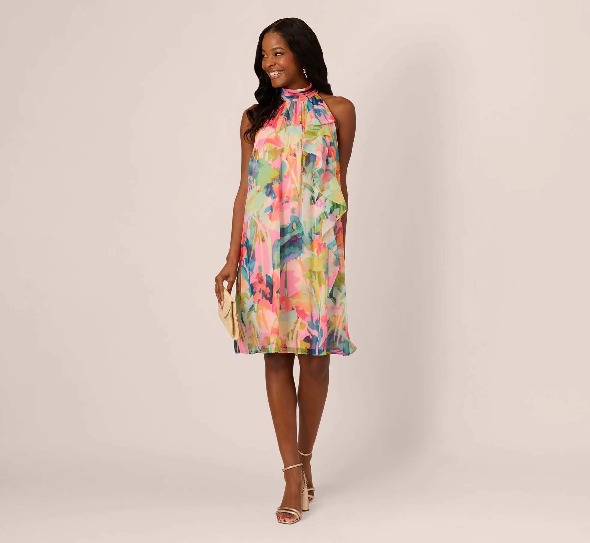 Floral Ruffle Chiffon Halter Trapeze Dress In Pink Multi sold by Adrianna Papell product image thumbnail 2