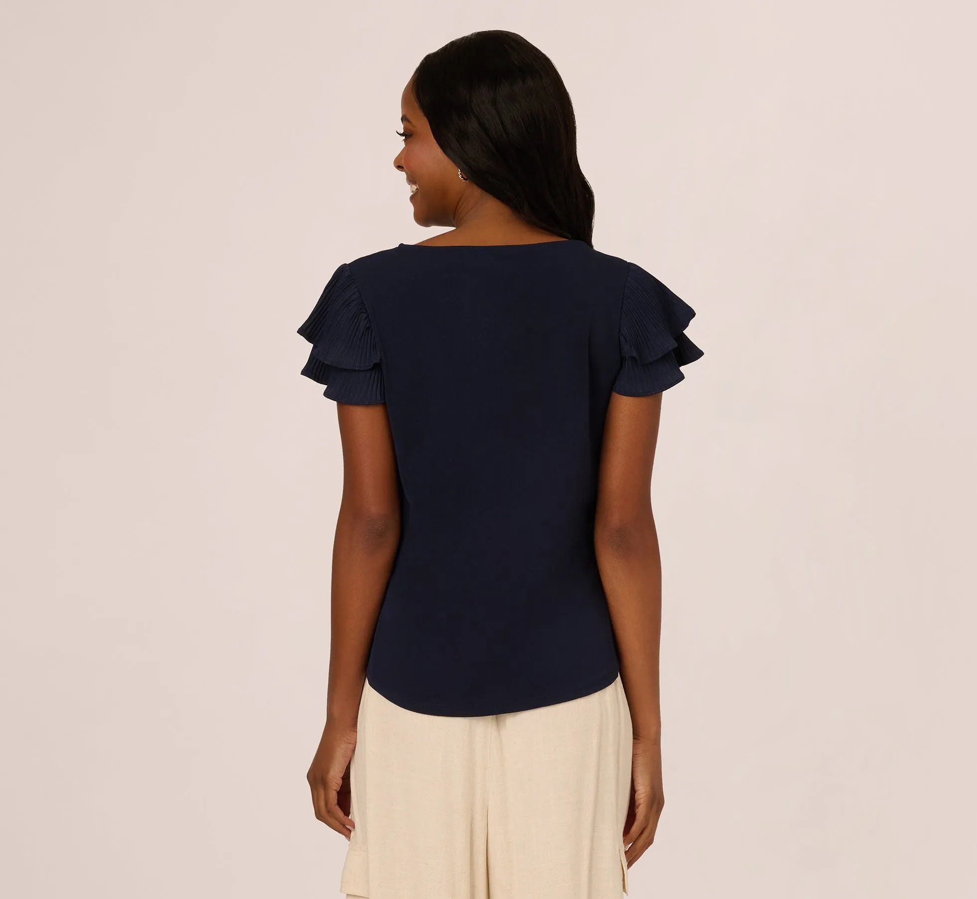 Double Flutter Sleeve Top With Pleated Details In Blue Moon sold by Adrianna Papell product image thumbnail 5