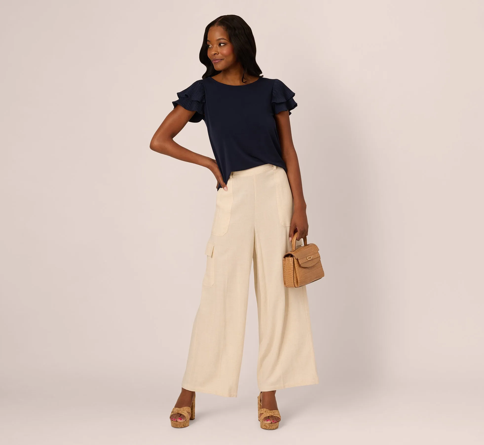 Double Flutter Sleeve Top With Pleated Details In Blue Moon sold by Adrianna Papell product image thumbnail 2