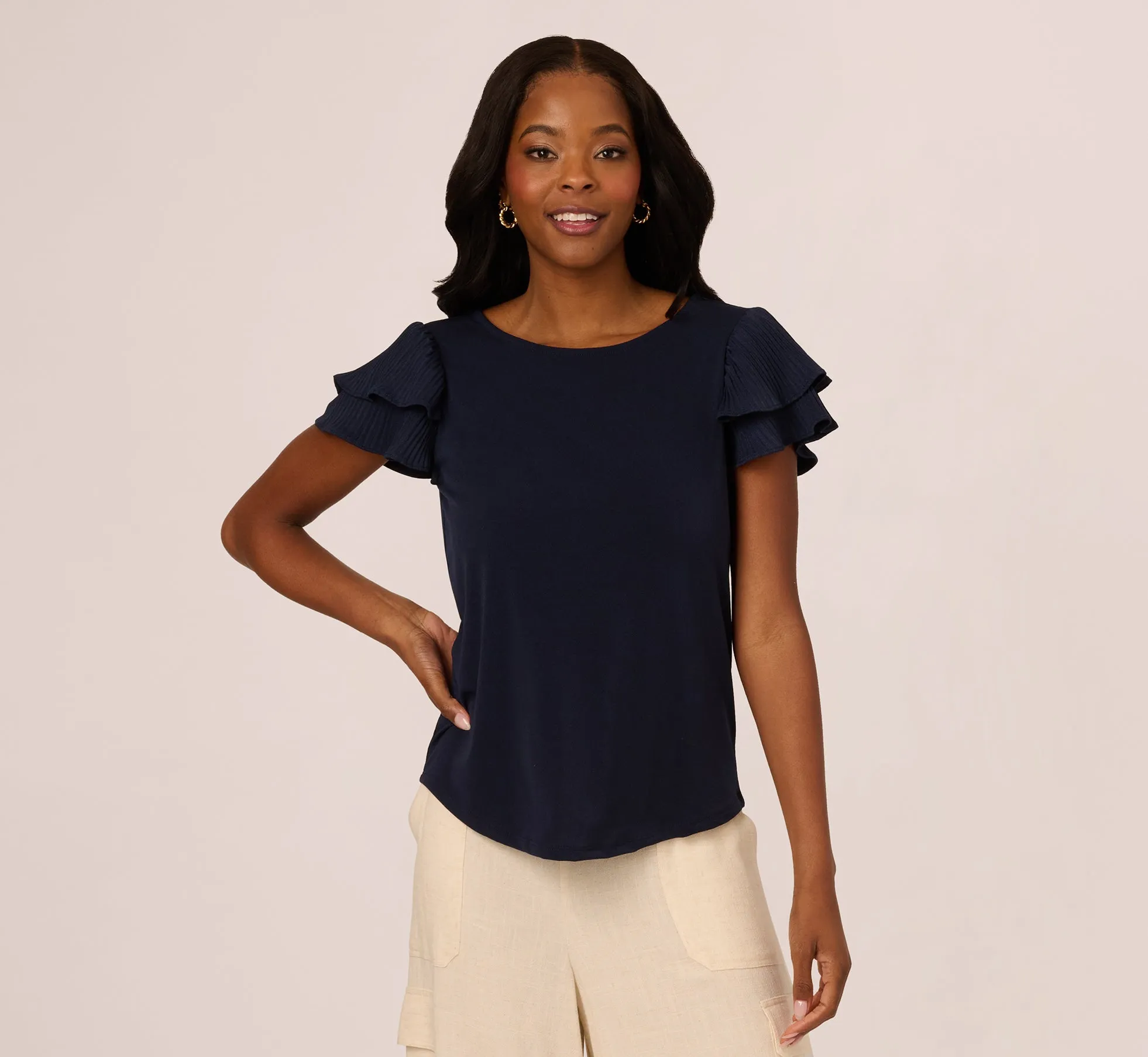 Double Flutter Sleeve Top With Pleated Details In Blue Moon sold by Adrianna Papell