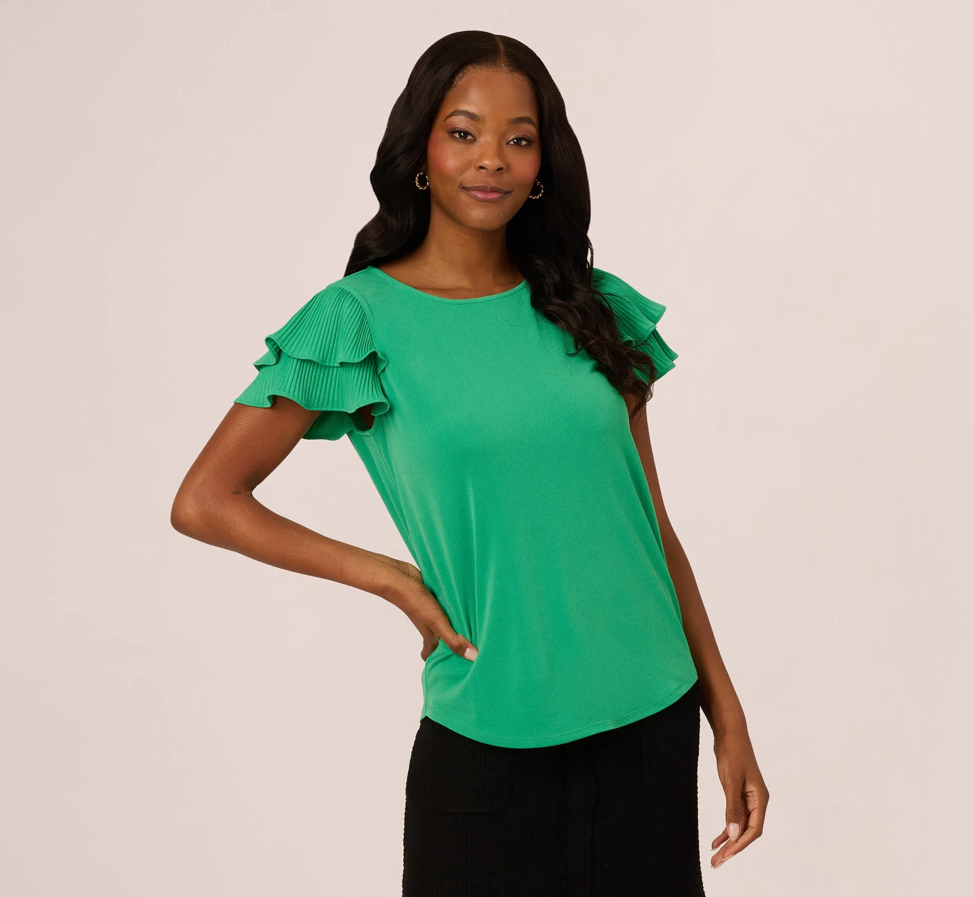 Double Flutter Sleeve Top With Pleated Details In Jelly Bean sold by Adrianna Papell