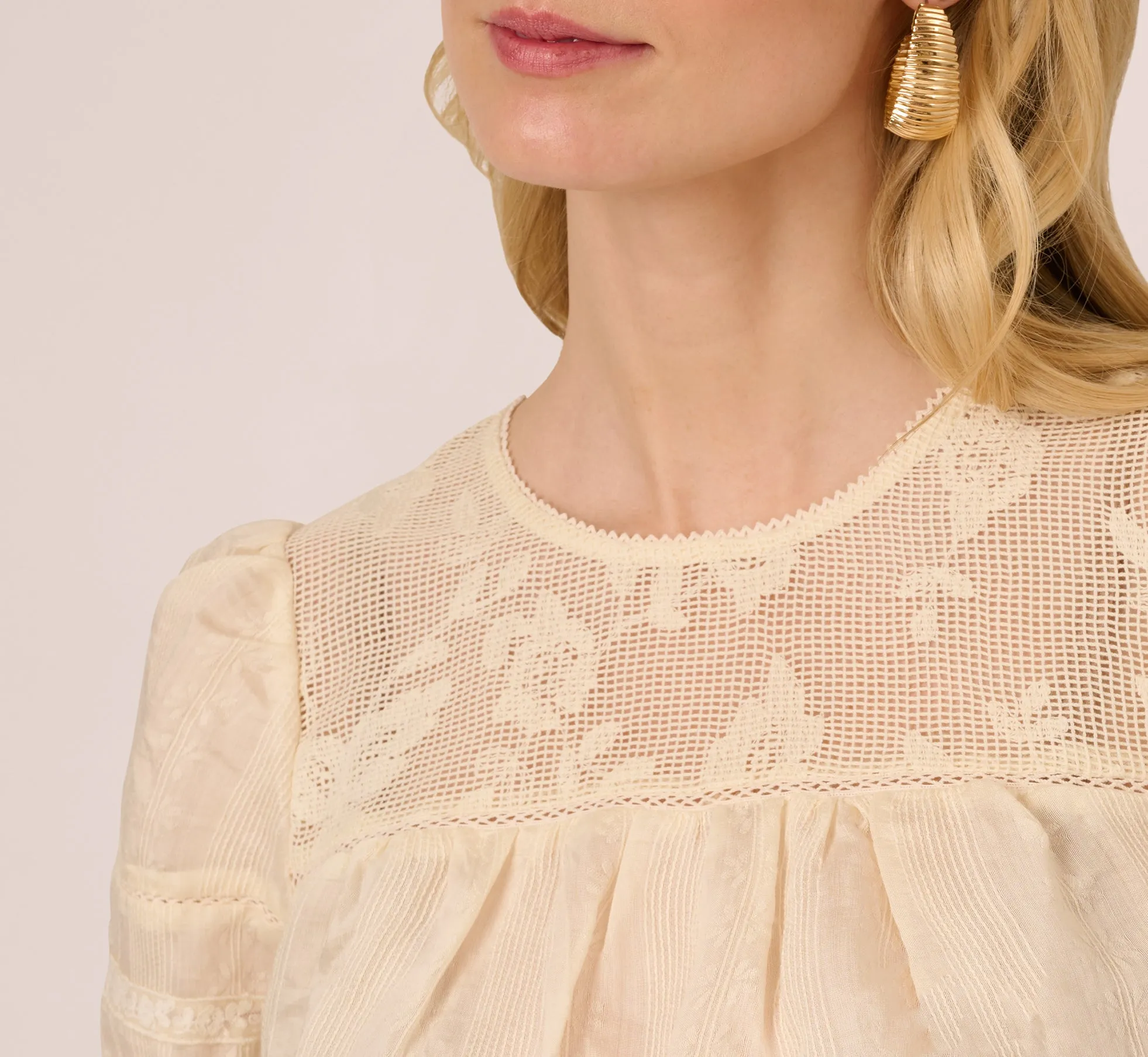 Puff Sleeve Lace Yoke Top In Barely Beige sold by Adrianna Papell product image thumbnail 4