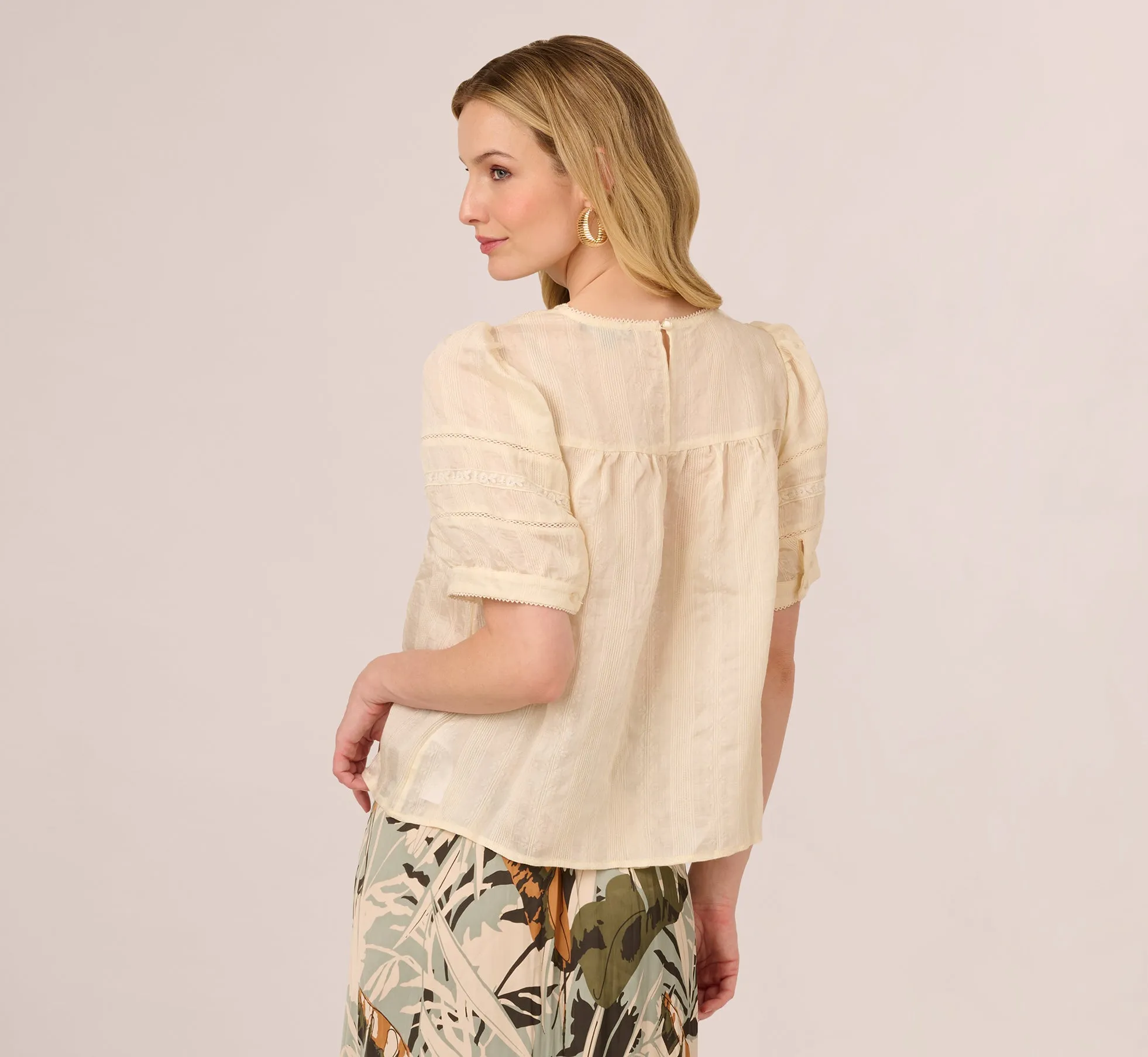 Puff Sleeve Lace Yoke Top In Barely Beige sold by Adrianna Papell product image thumbnail 5
